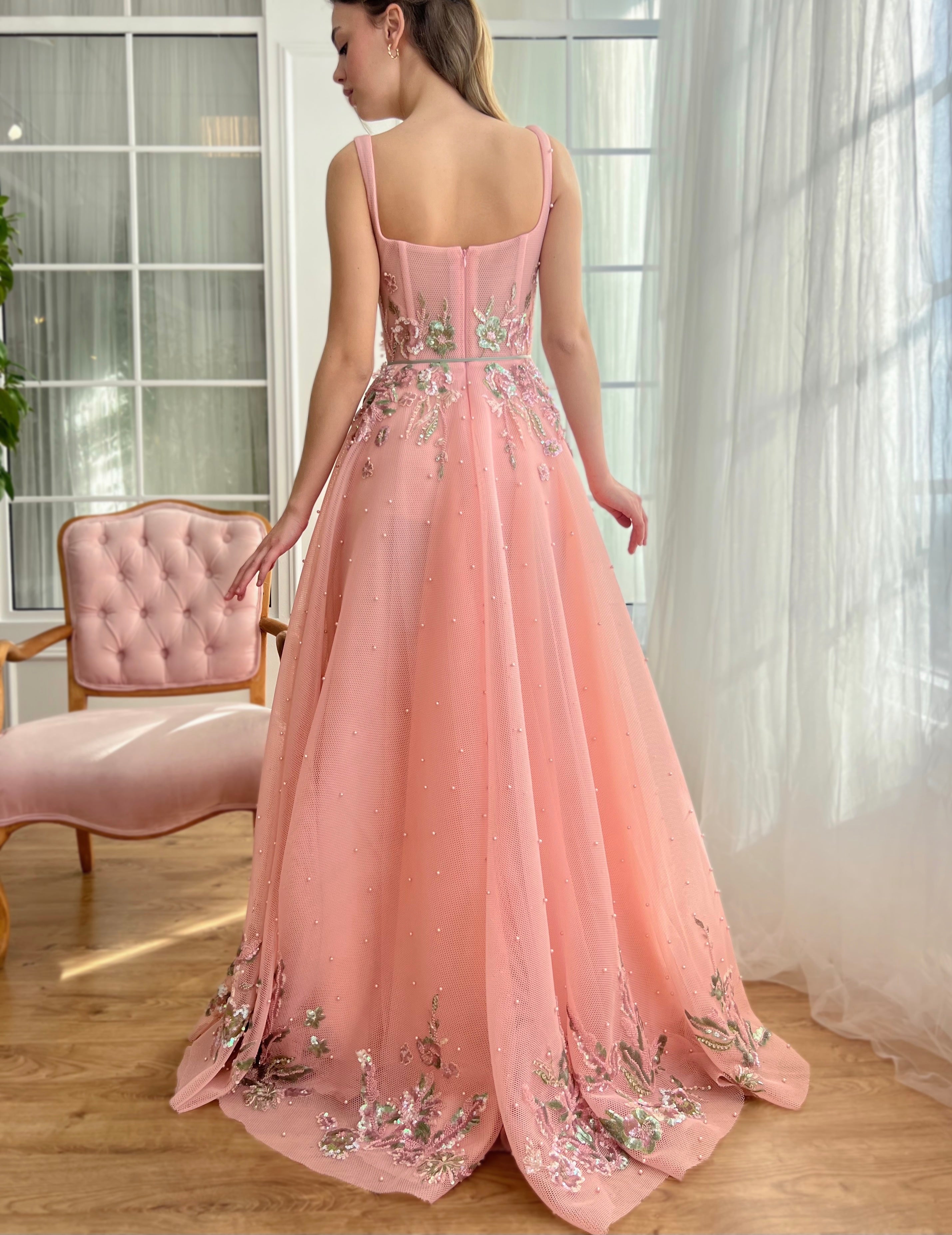 Pink A-Line dress with embroidery, beading and straps