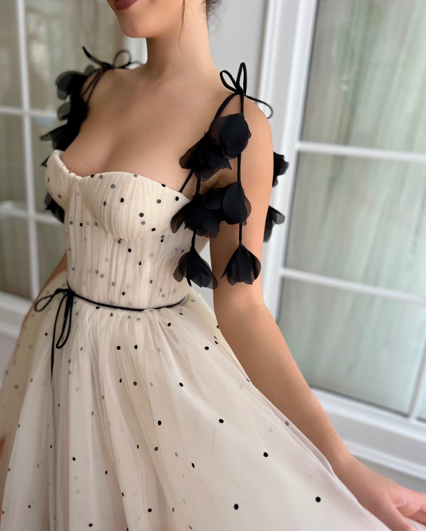 Beige midi dress with dotted fabric, embroidery and straps