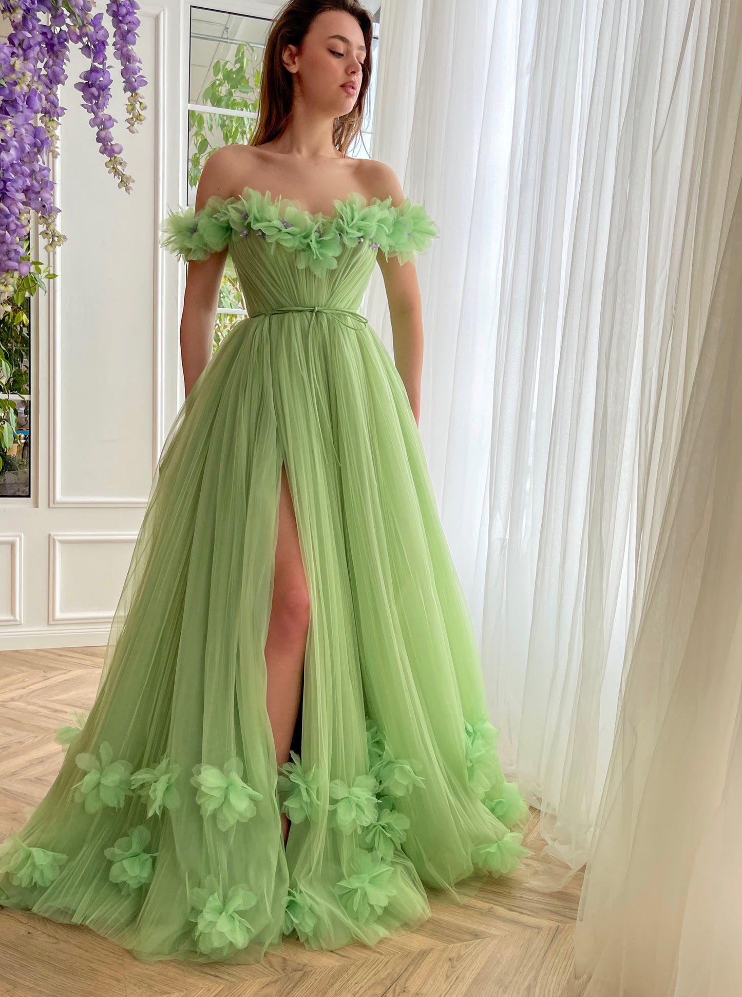 Green A-Line dress with off the shoulder sleeves and embroidery