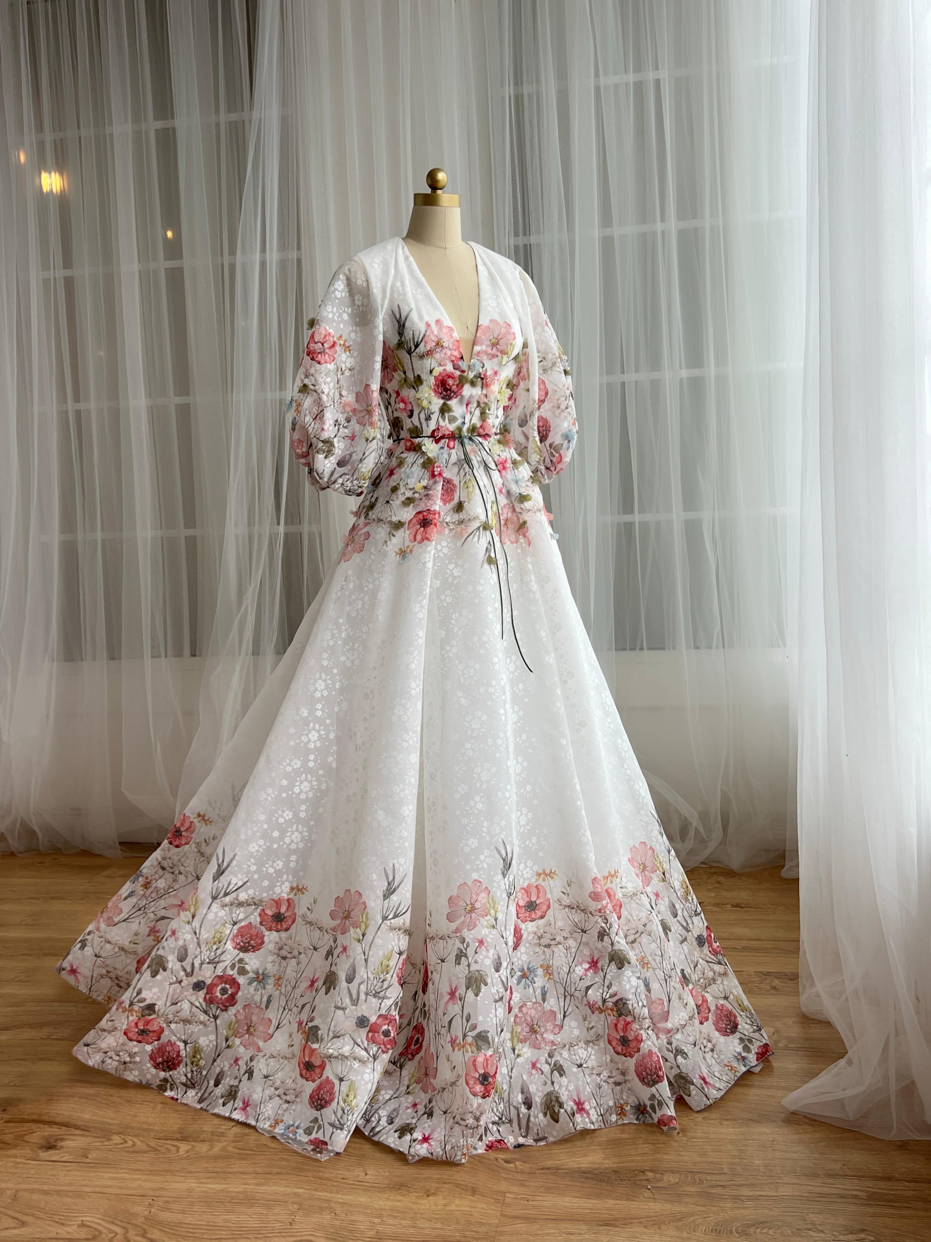 White bridal A-Line gown with long sleeves, v-neck and embroidery