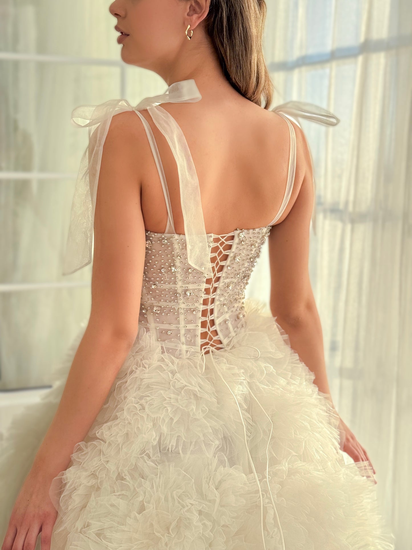 White A-Line dress with bow straps and embroidery