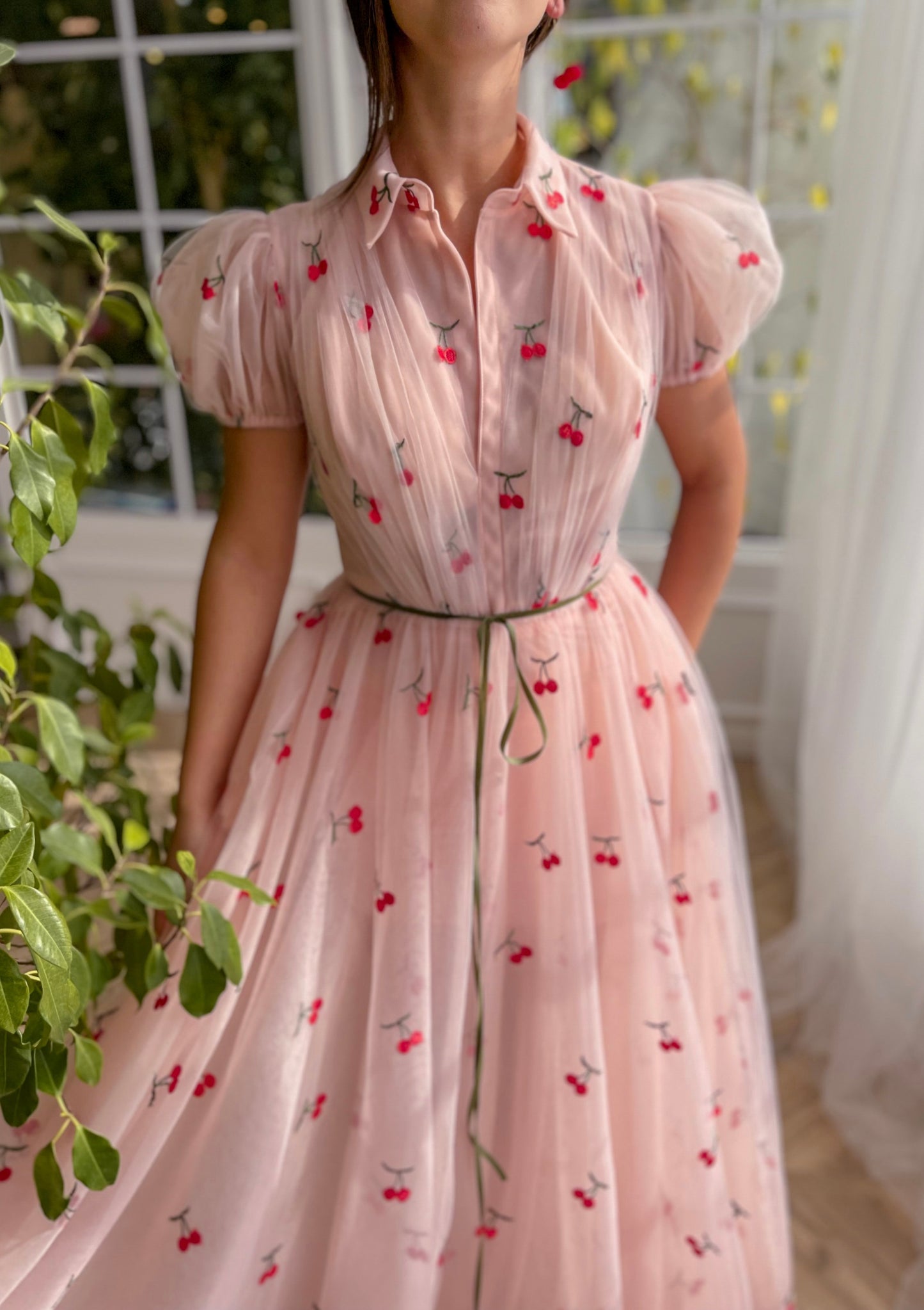 Pink A-Line dress with cherries, cap sleeves and collar top