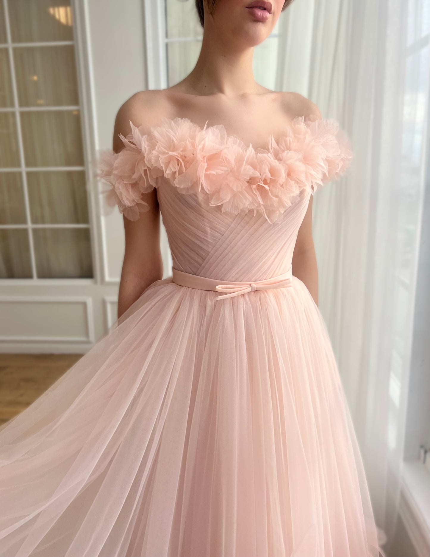 Peach midi dress with off the shoulder sleeves and embroidery
