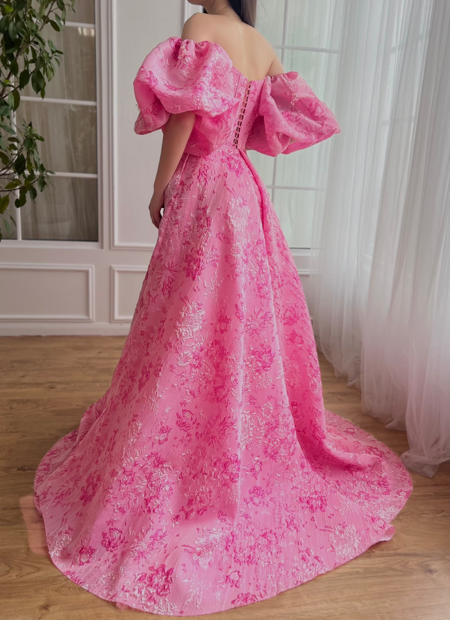 Pink A-Line dress with embroidery and short off the shoulder sleeves