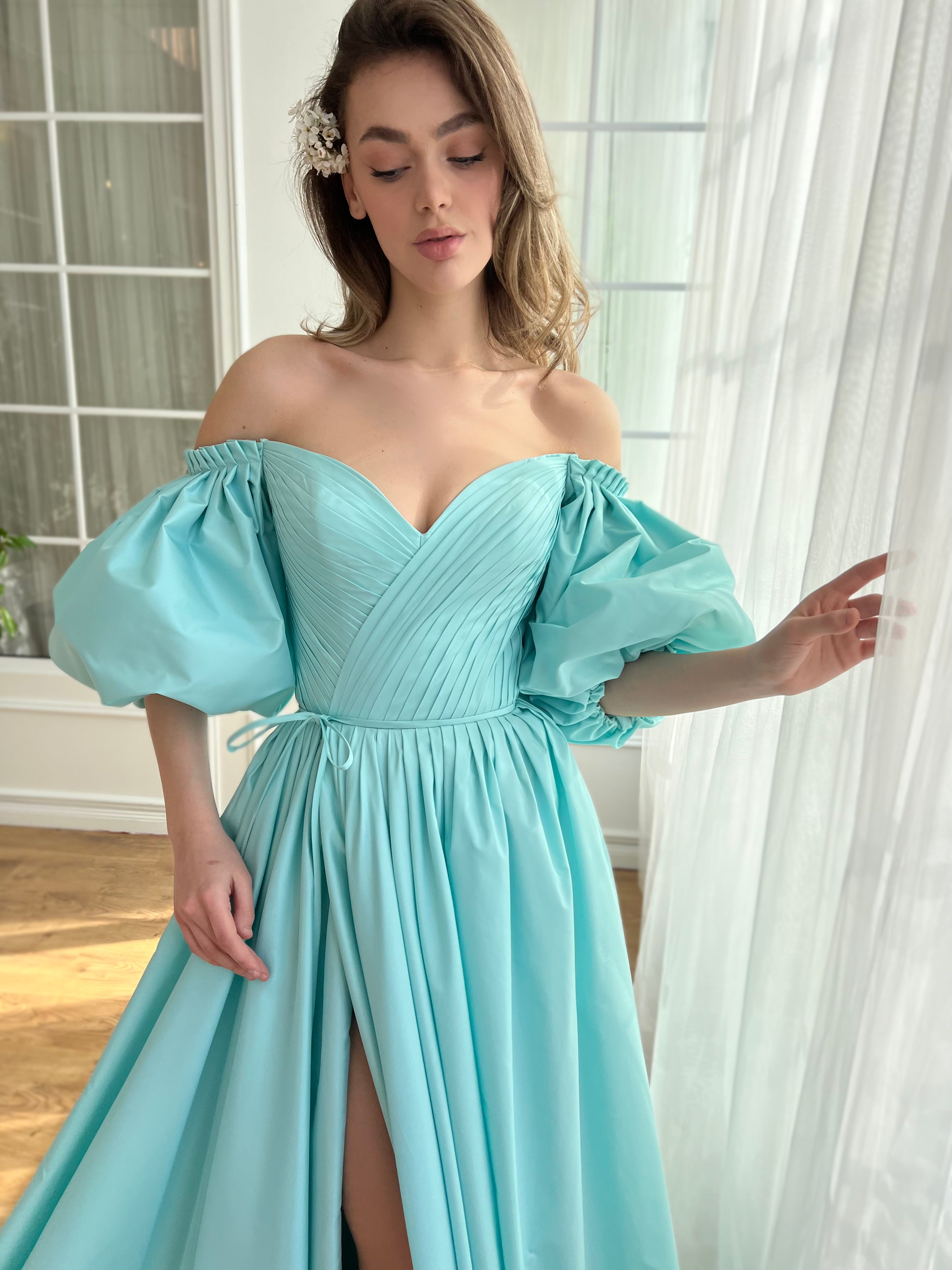 Blue A-Line dress with short off the shoulder sleeves