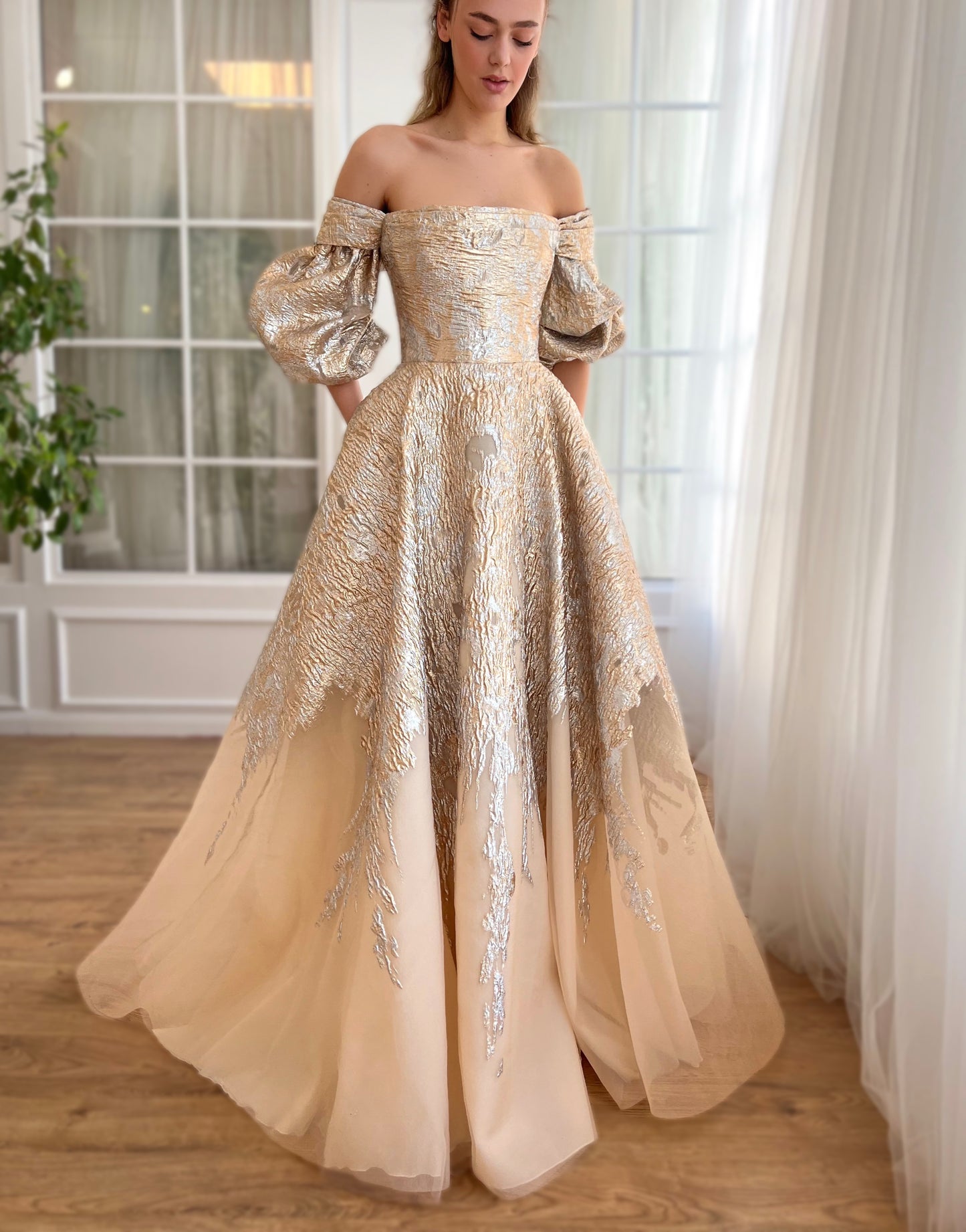 Beige A-Line dress with long off the shoulder sleeves