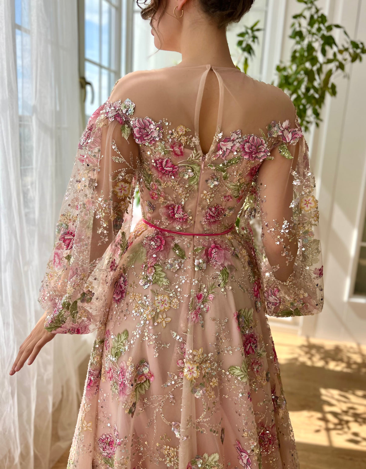 Pink A-Line dress with long off the shoulder sleeves and embroidery