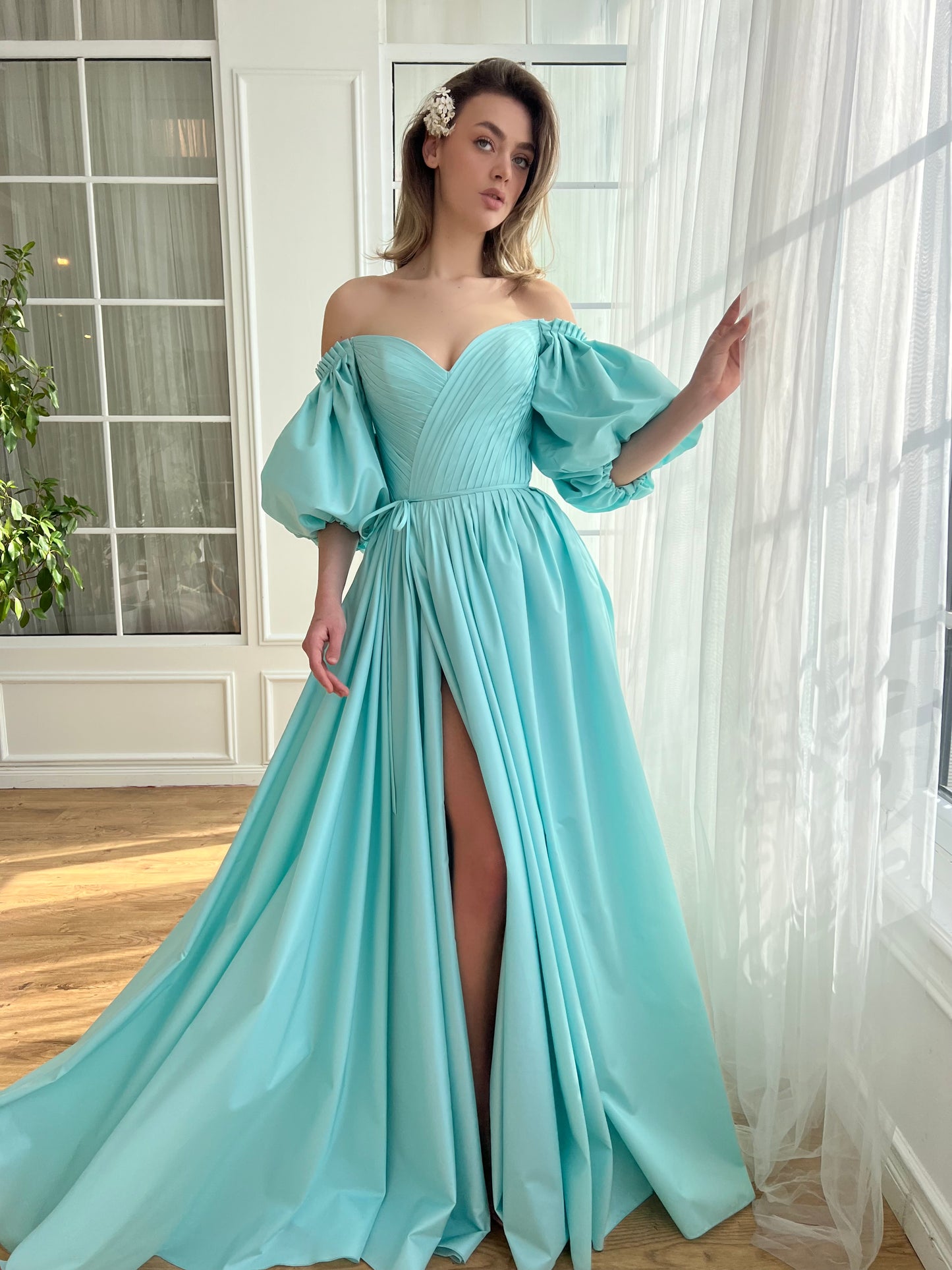 Blue A-Line dress with short off the shoulder sleeves