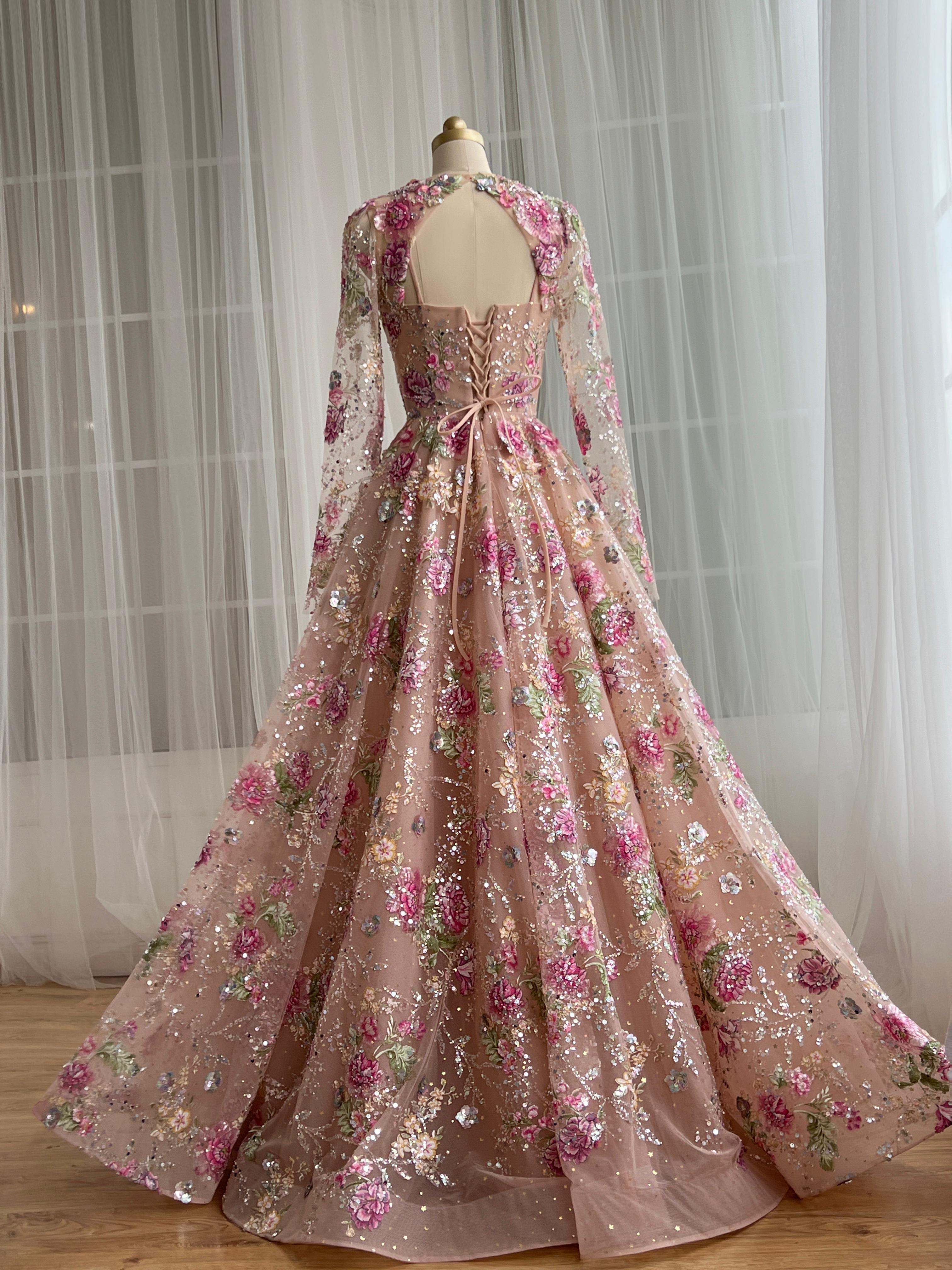 sequin embroidery dress GL3025 | 3-D Flower Applique Sequin Dress