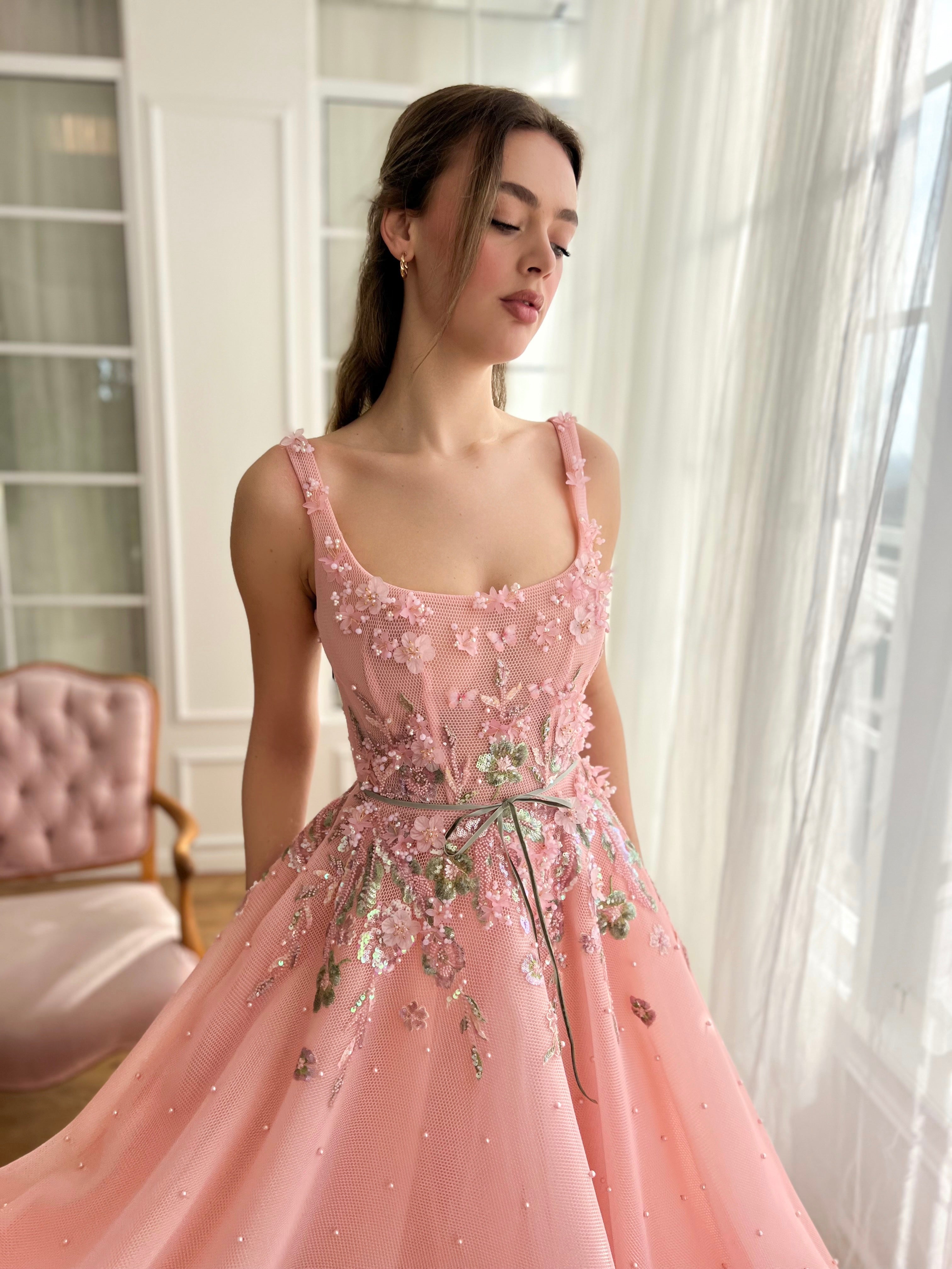 Pink A-Line dress with embroidery, beading and straps