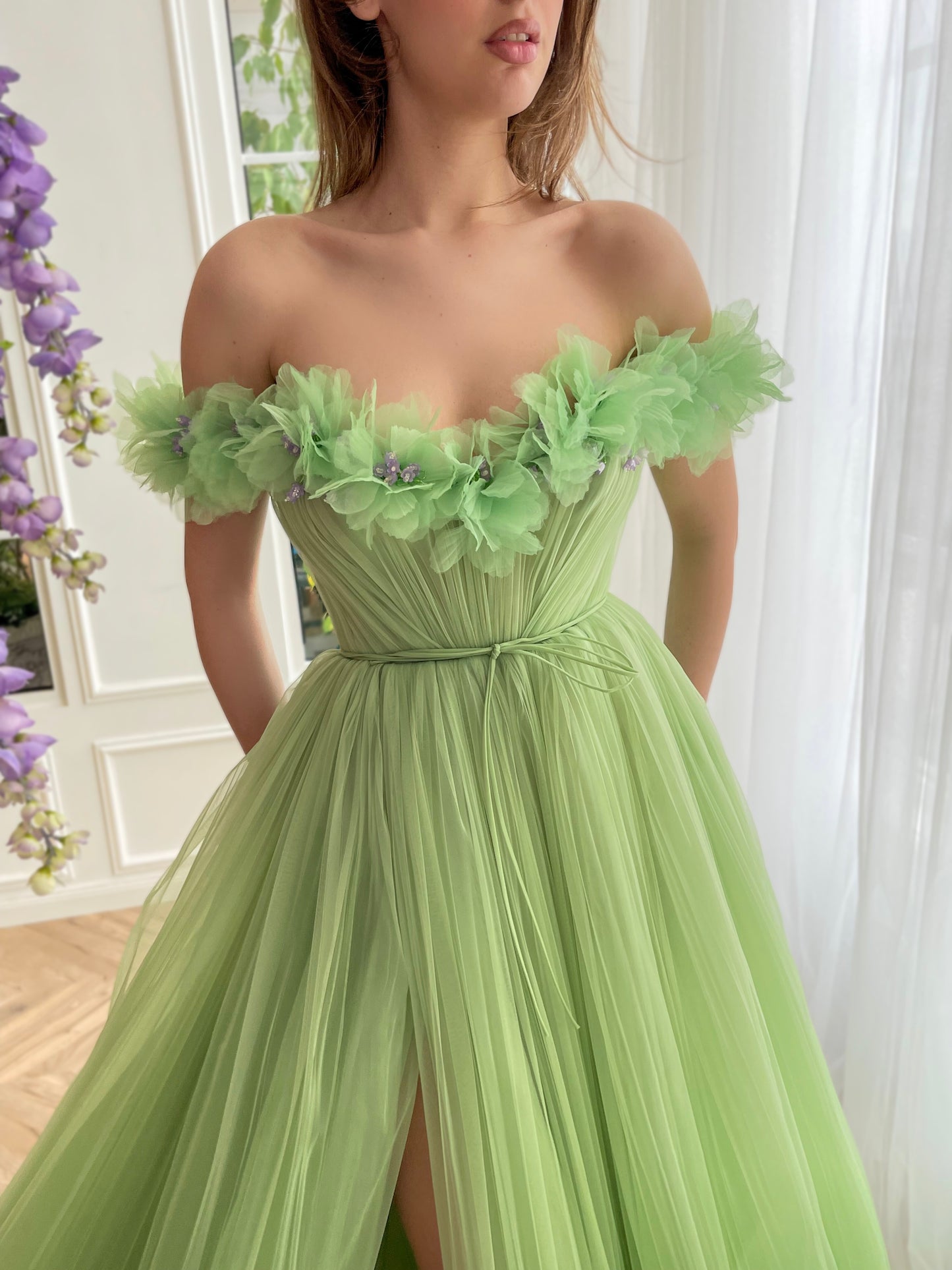 Green A-Line dress with off the shoulder sleeves and embroidery