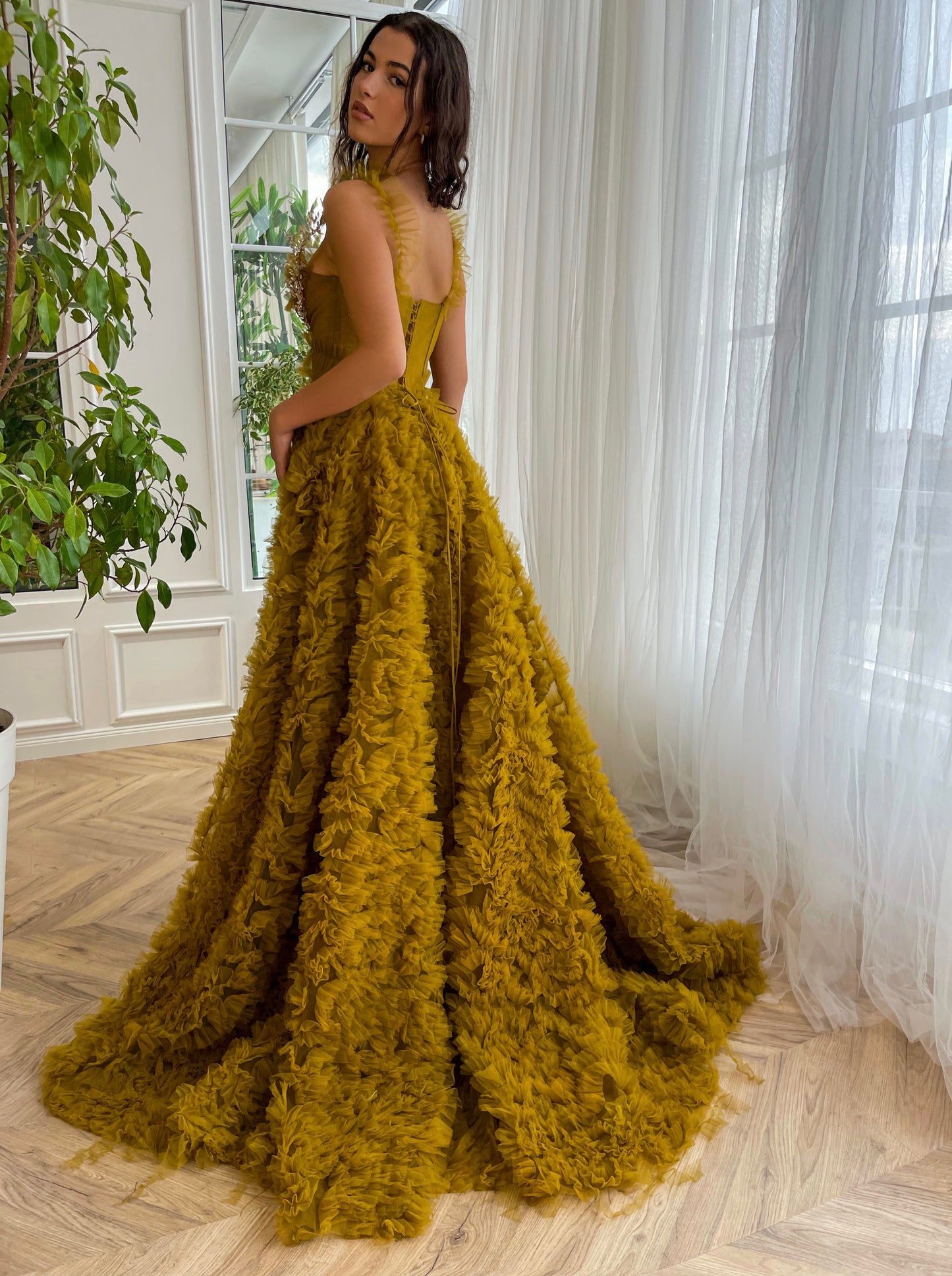 Gold A-Line dress with ruffles, embroidery and spaghetti straps