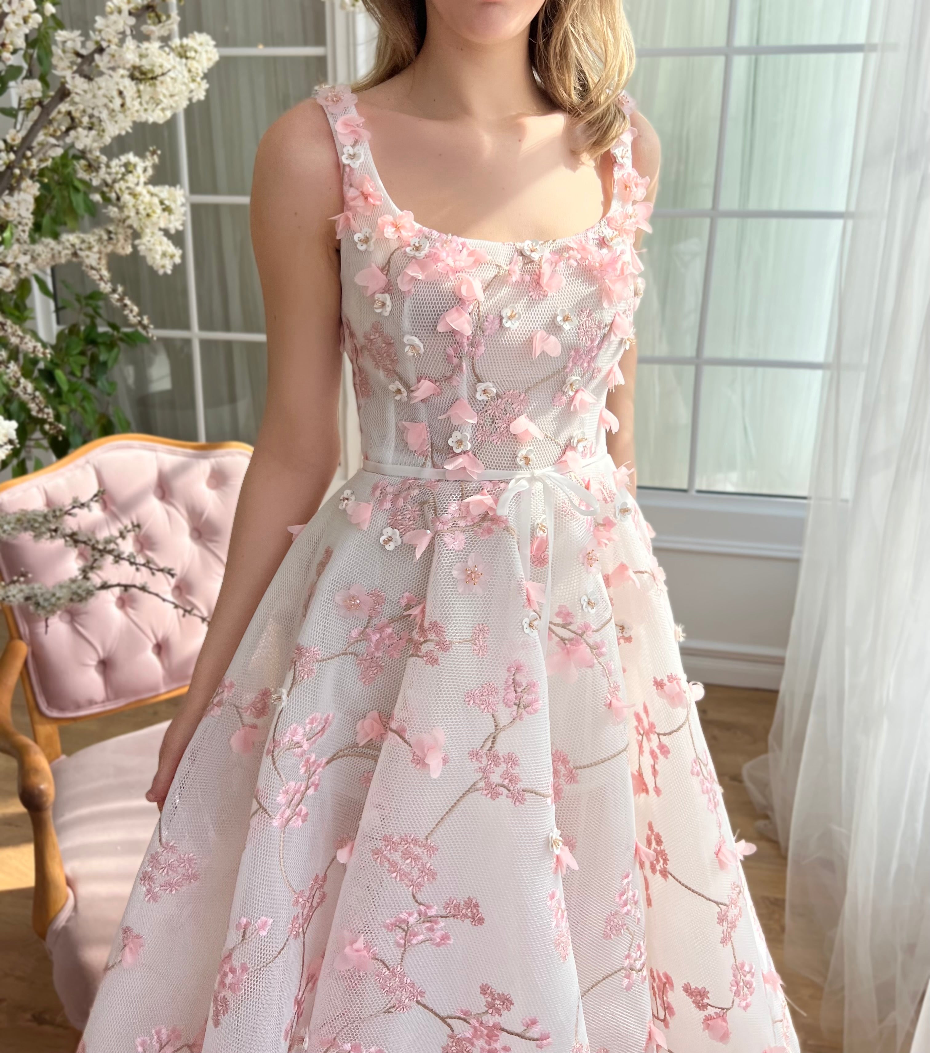 Pink midi dress with embroidered cherry blossoms and straps