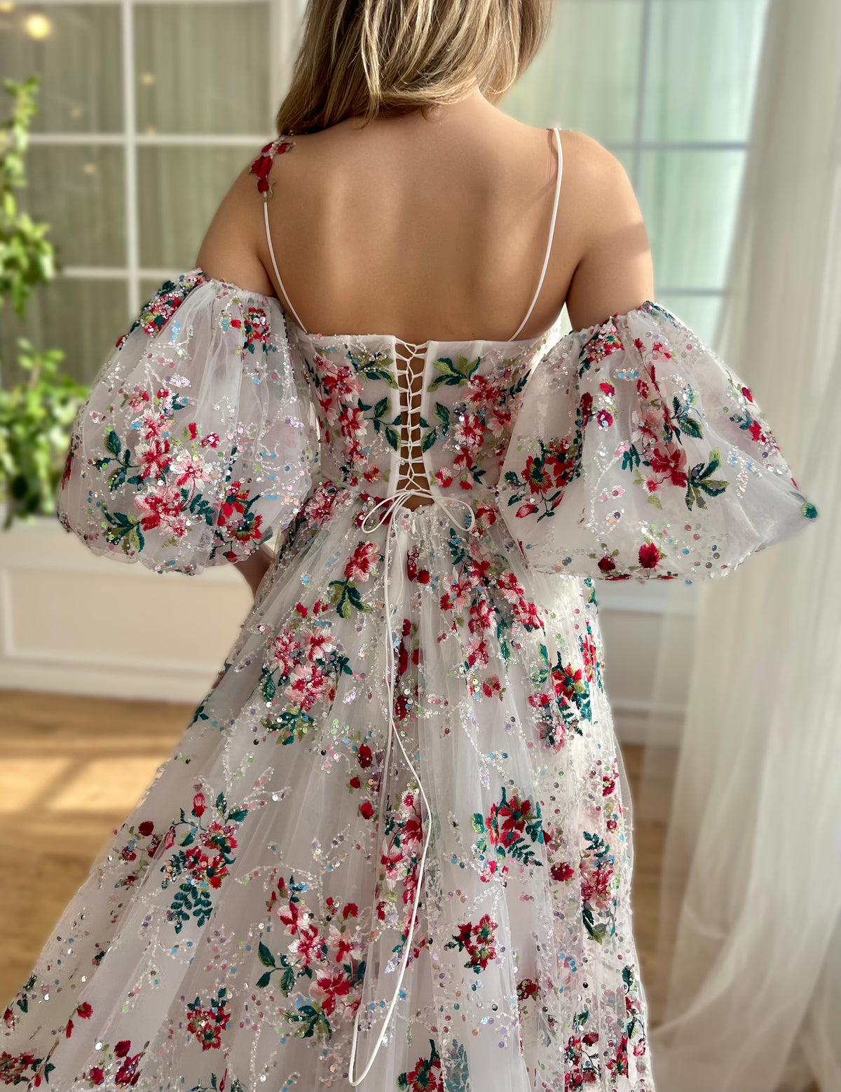White A-Line dress with spaghetti straps, off the shoulder sleeves and embroidery
