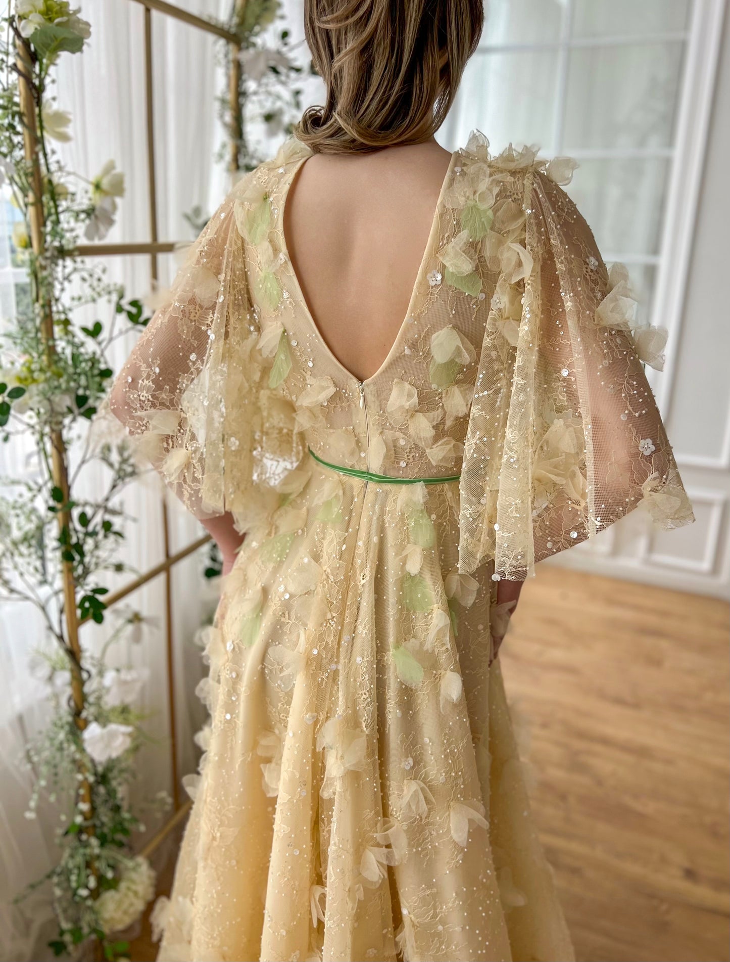 Beige A-Line dress with flutter sleeves, v-neck and embroidery