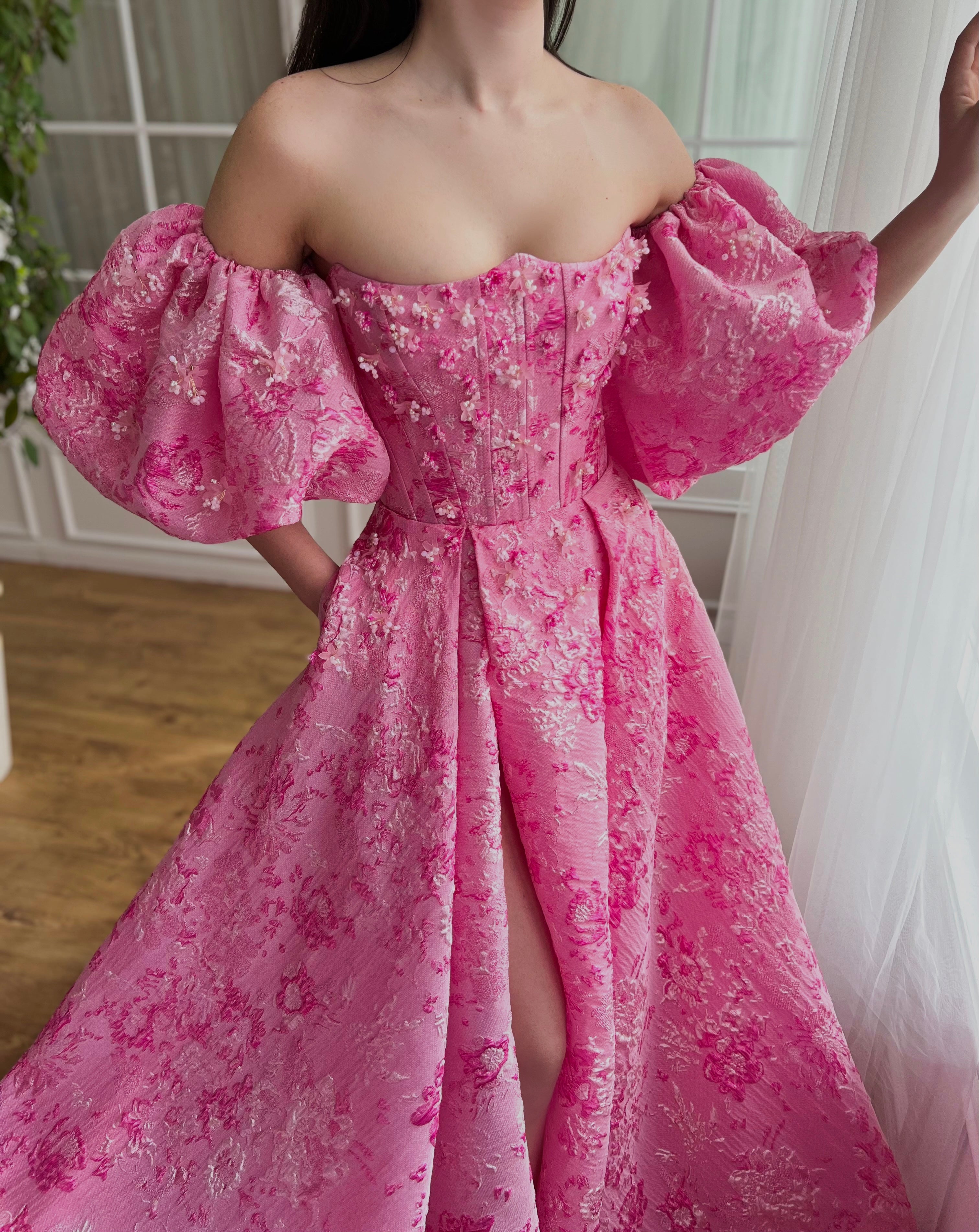 Pink A-Line dress with embroidery and short off the shoulder sleeves
