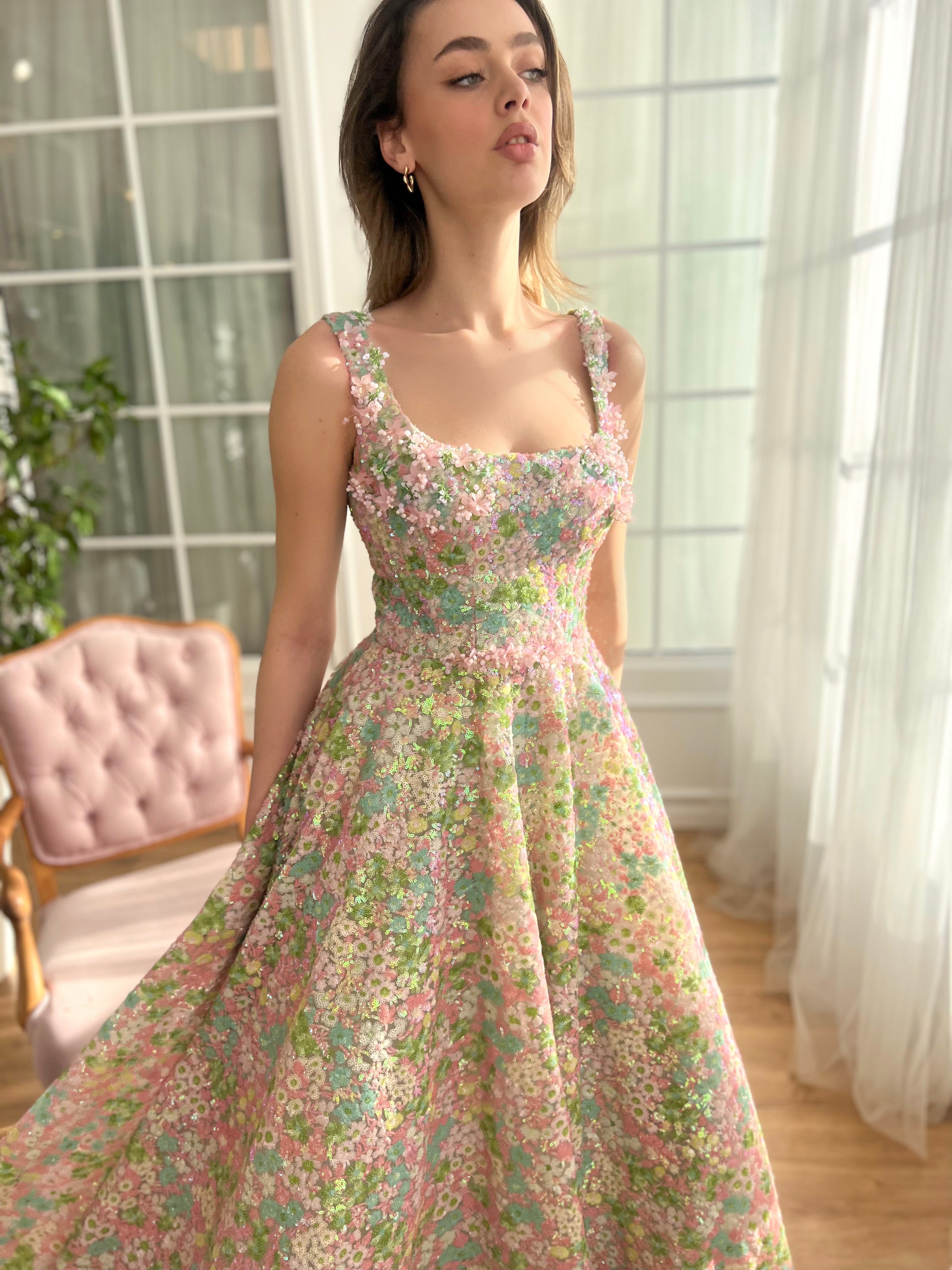 Colorful A-Line dress with embroidery and flowers and straps