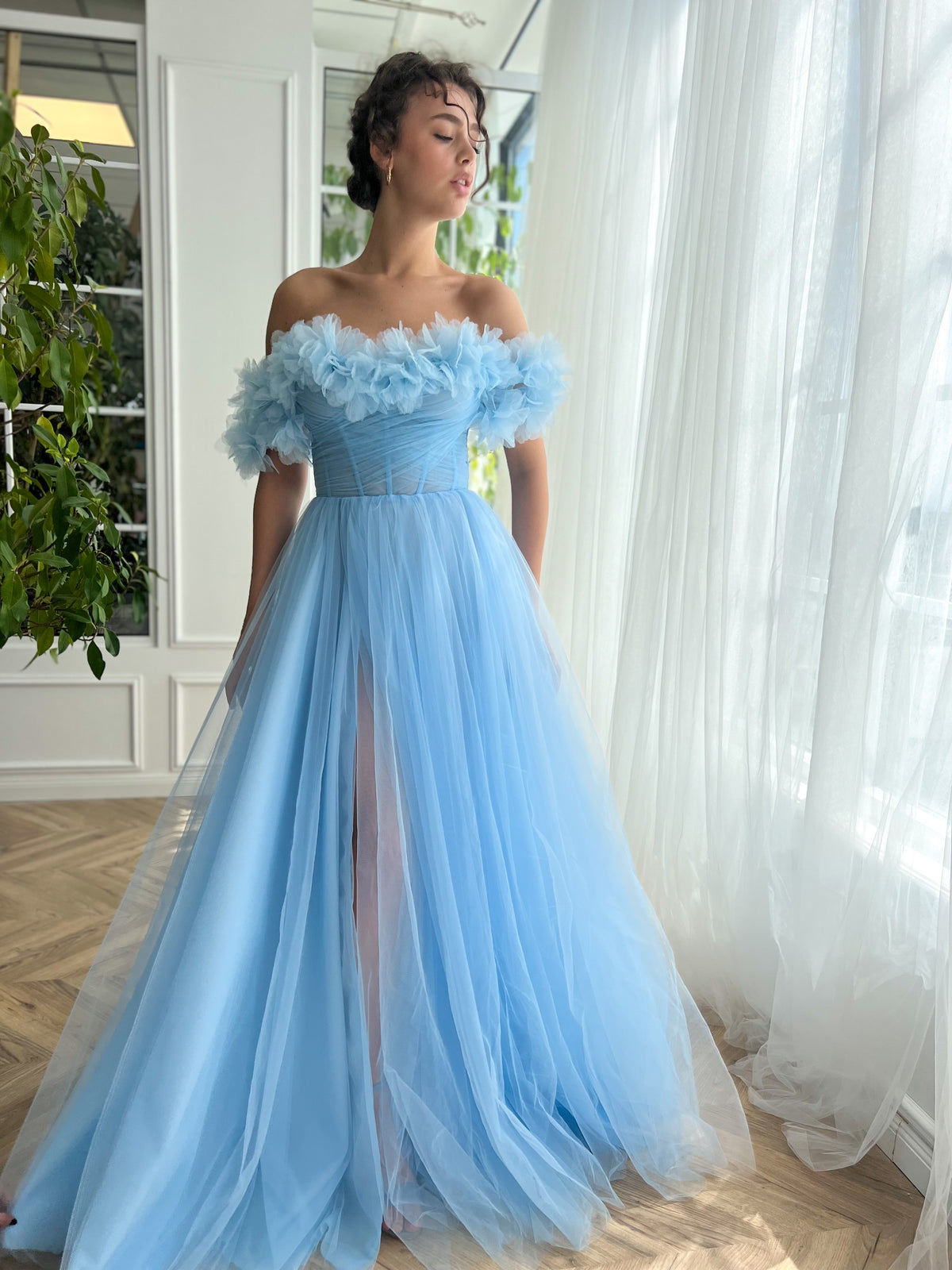 Blue A-Line dress with off the shoulder sleeves and embroidery