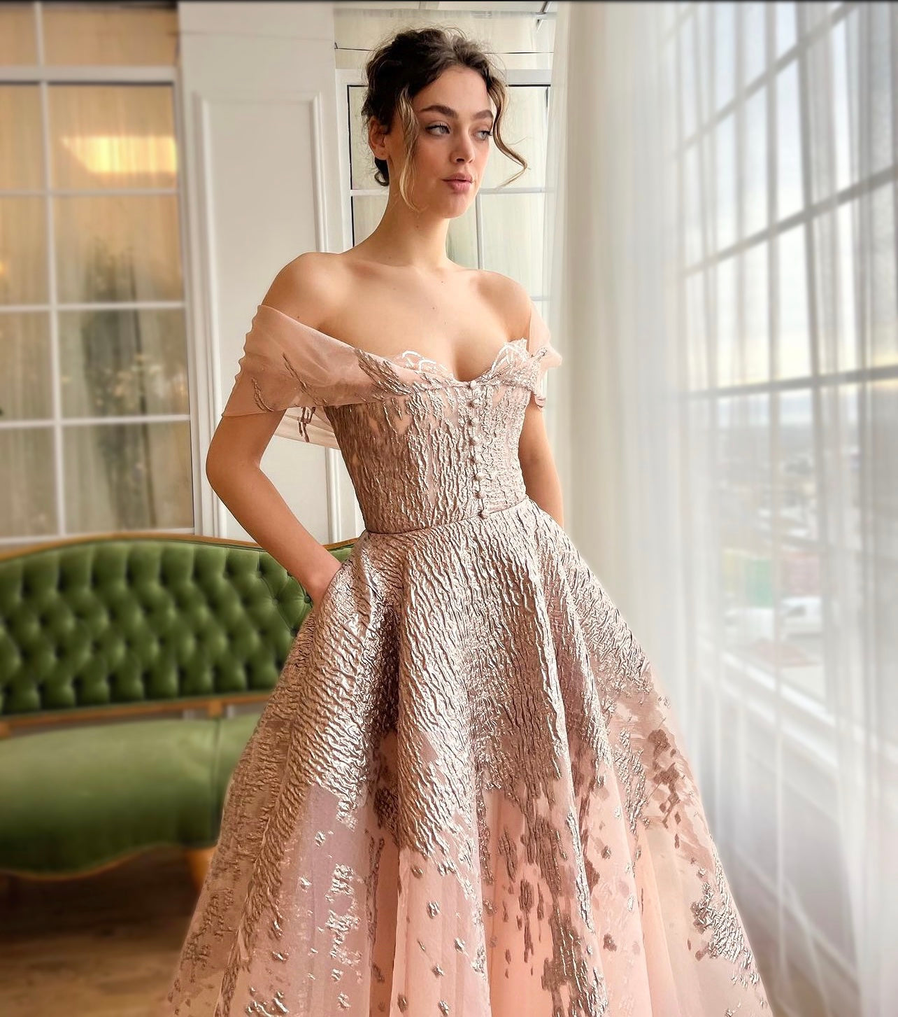 Pink A-Line dress with off the shoulder sleeves