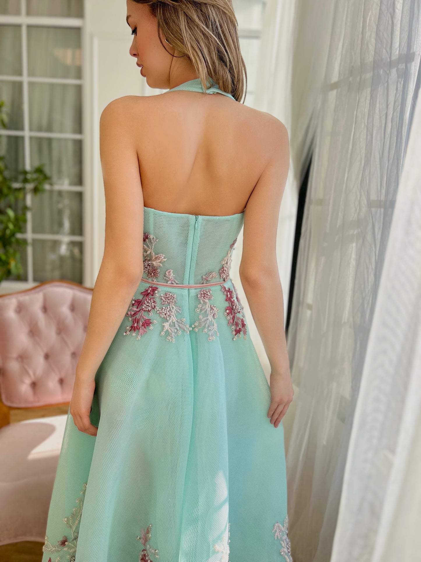 Blue midi dress with straps and pink embroidery