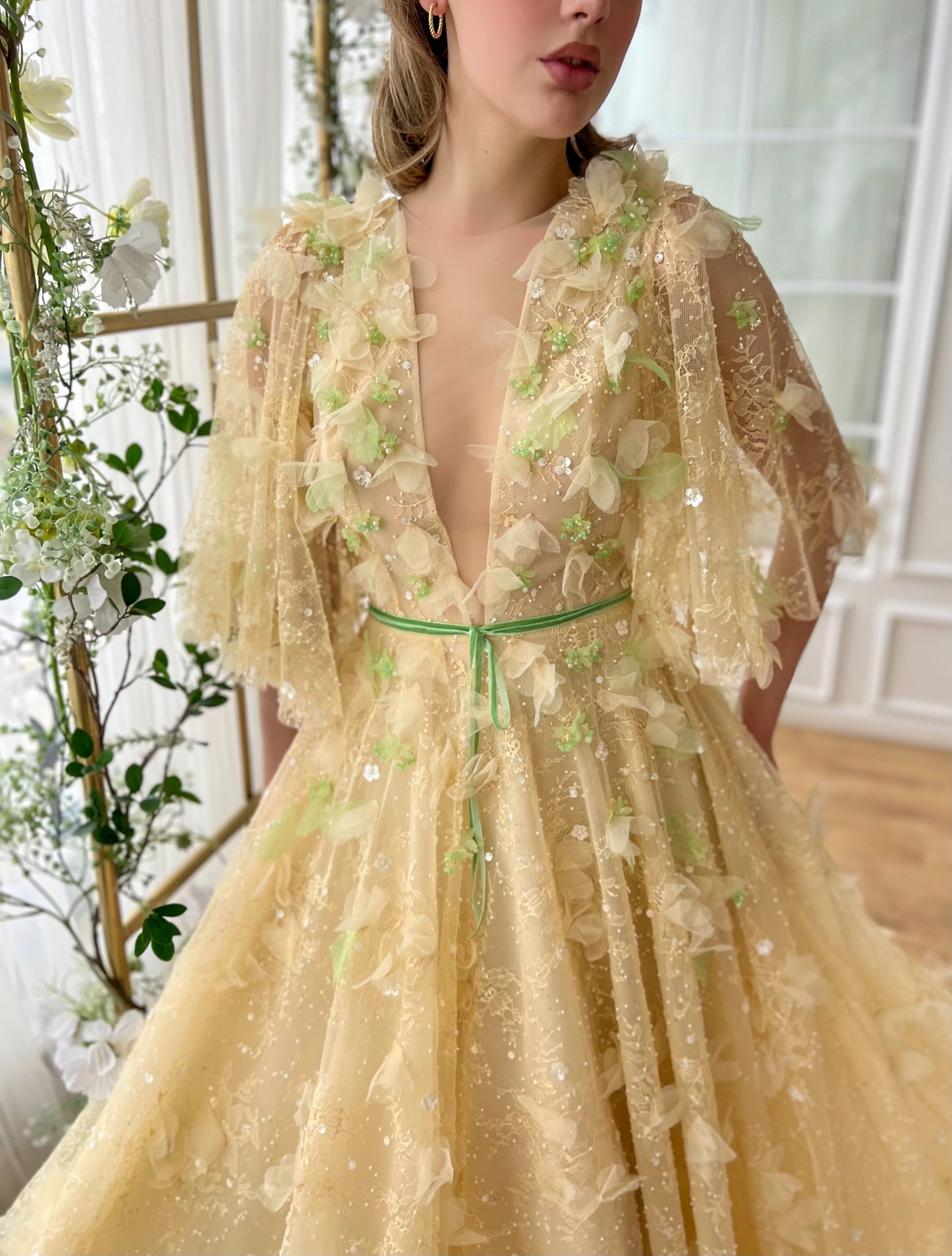 Beige A-Line dress with flutter sleeves, v-neck and embroidery
