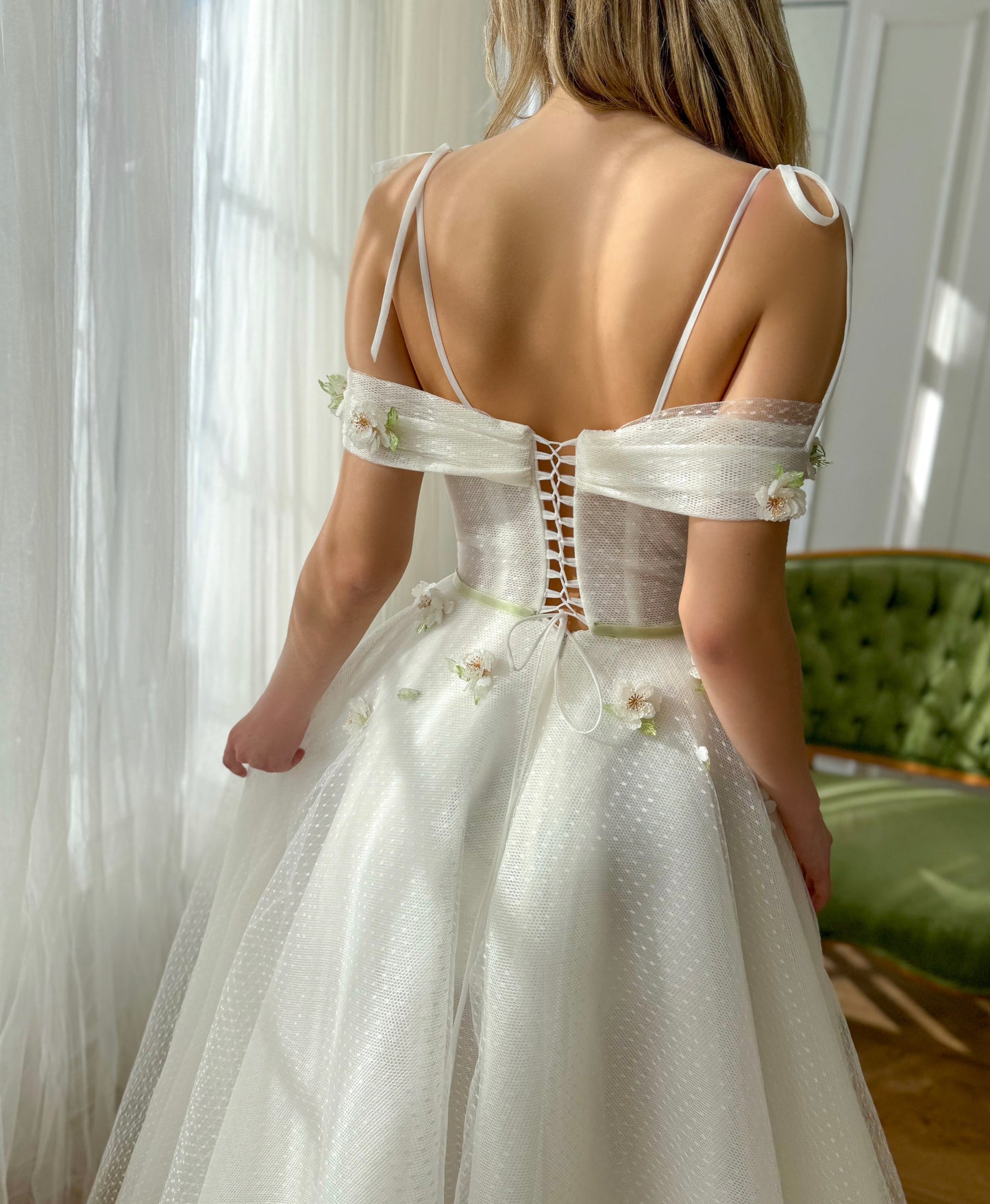 White A-Line dress with spaghetti straps and embroidery