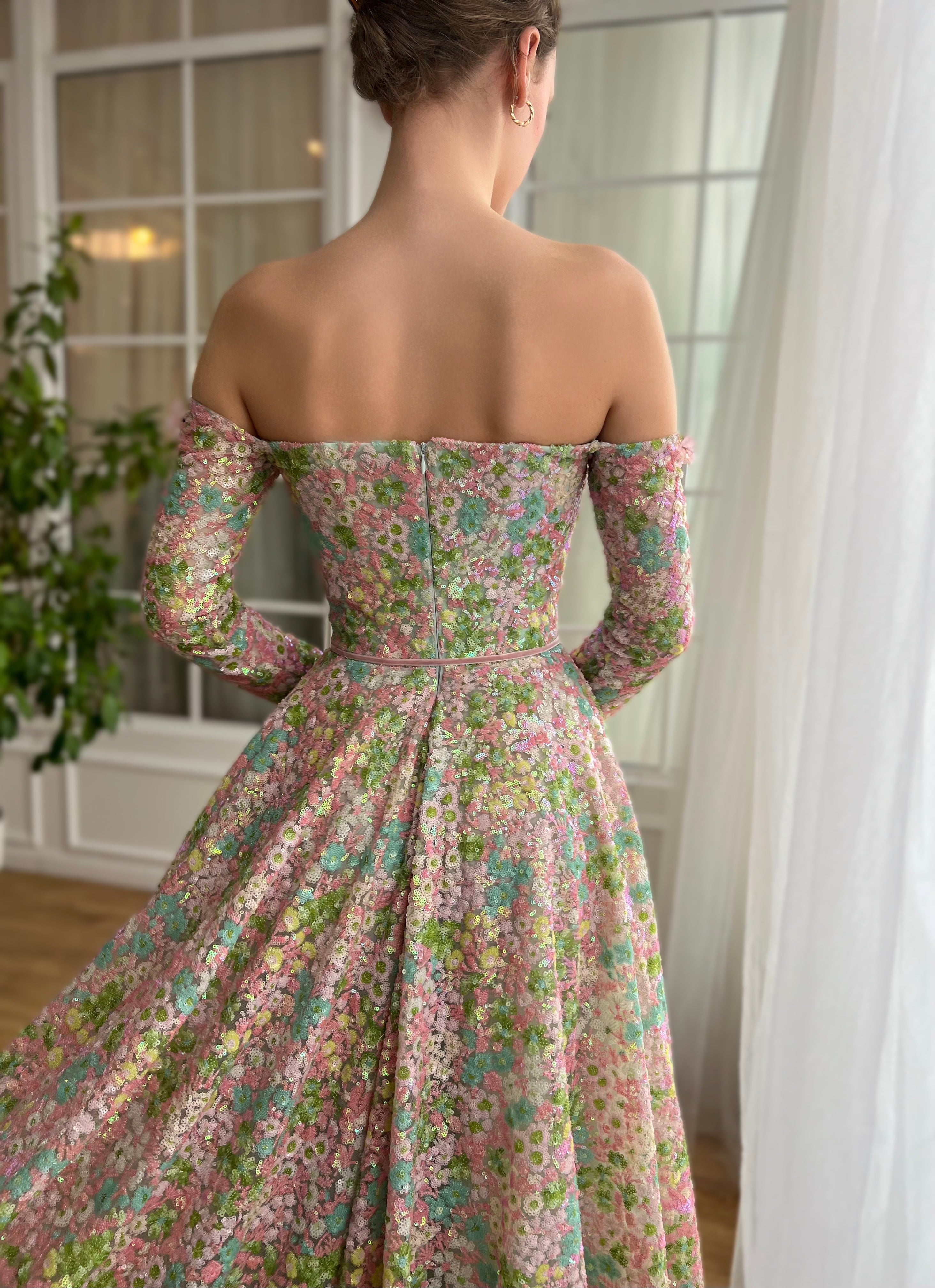 Colorful A-Line dress with long off the shoulder sleeves, embroidery and sequins