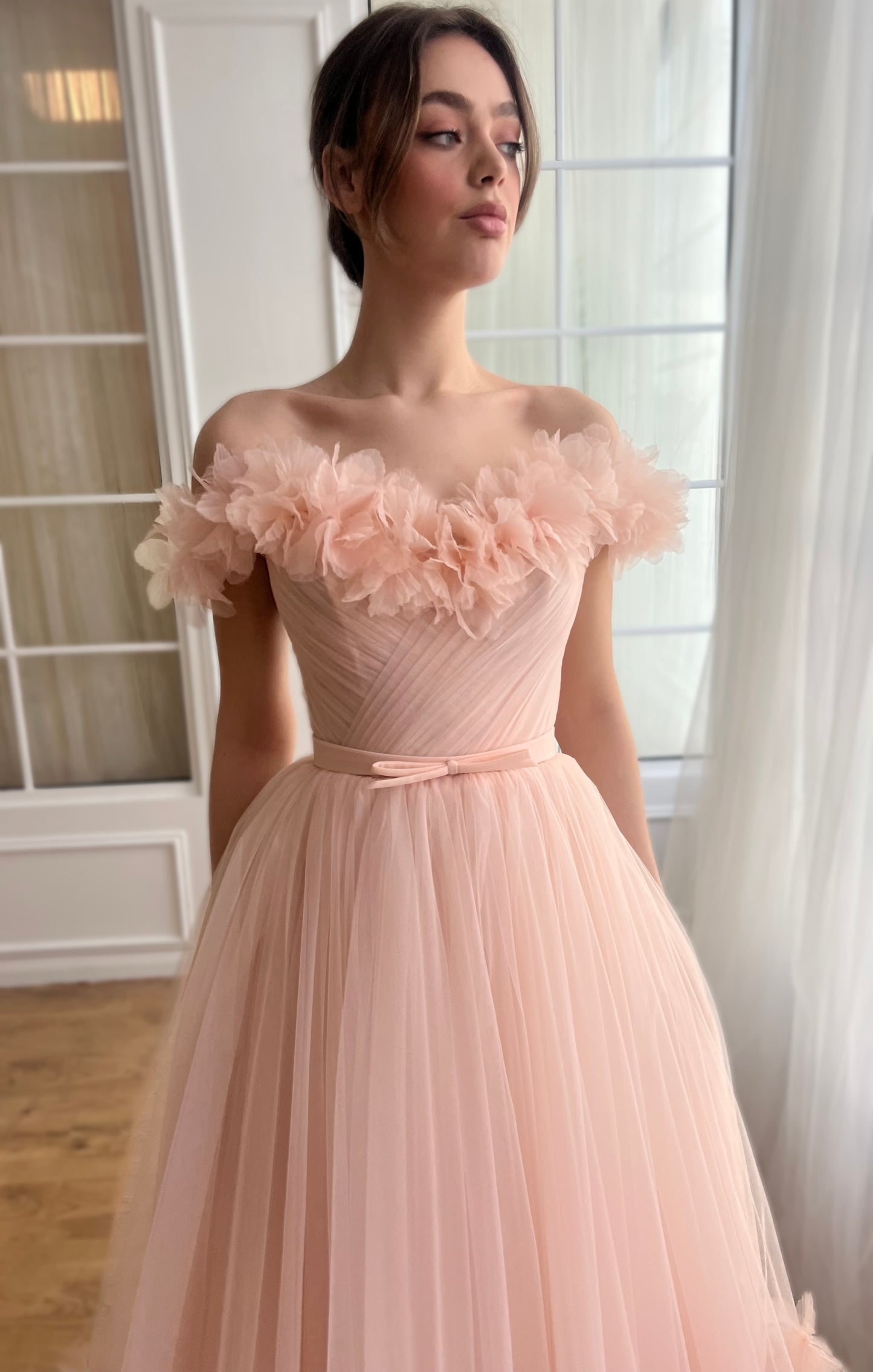 Peach midi dress with off the shoulder sleeves and embroidery