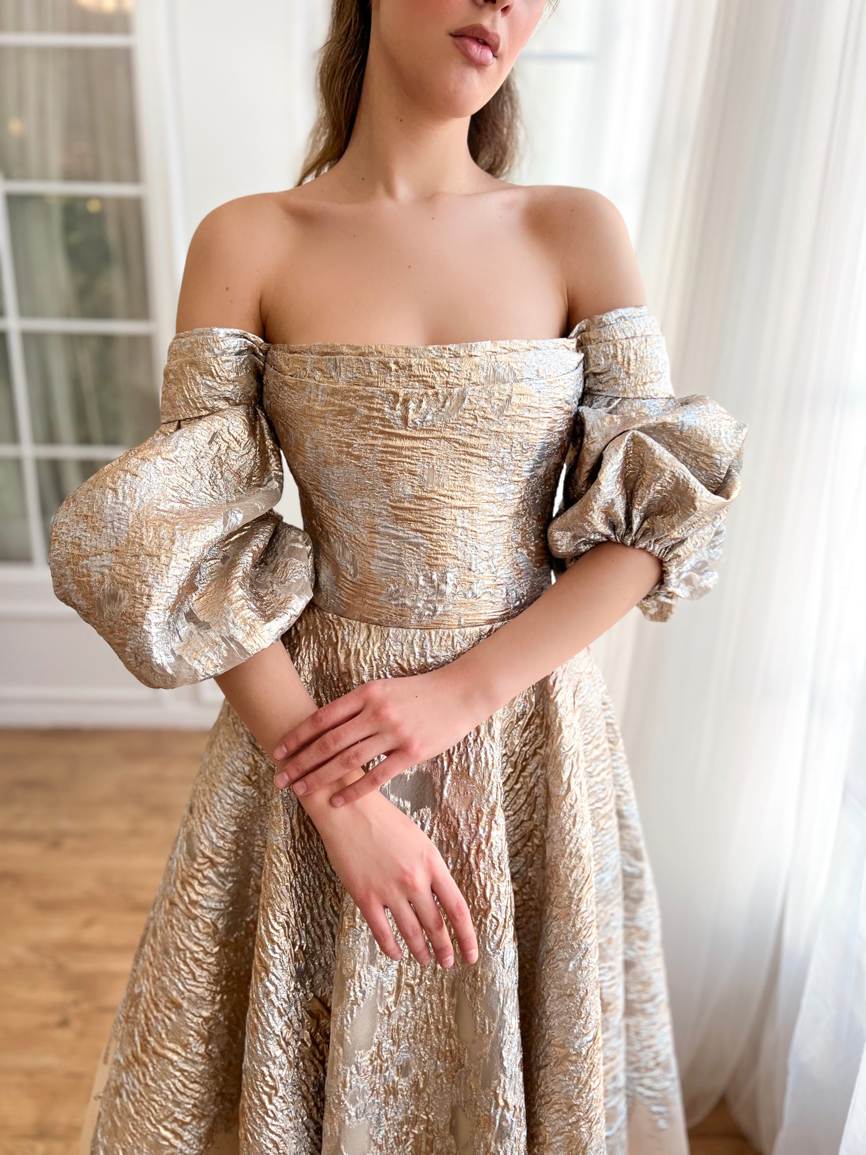 Beige A-Line dress with long off the shoulder sleeves
