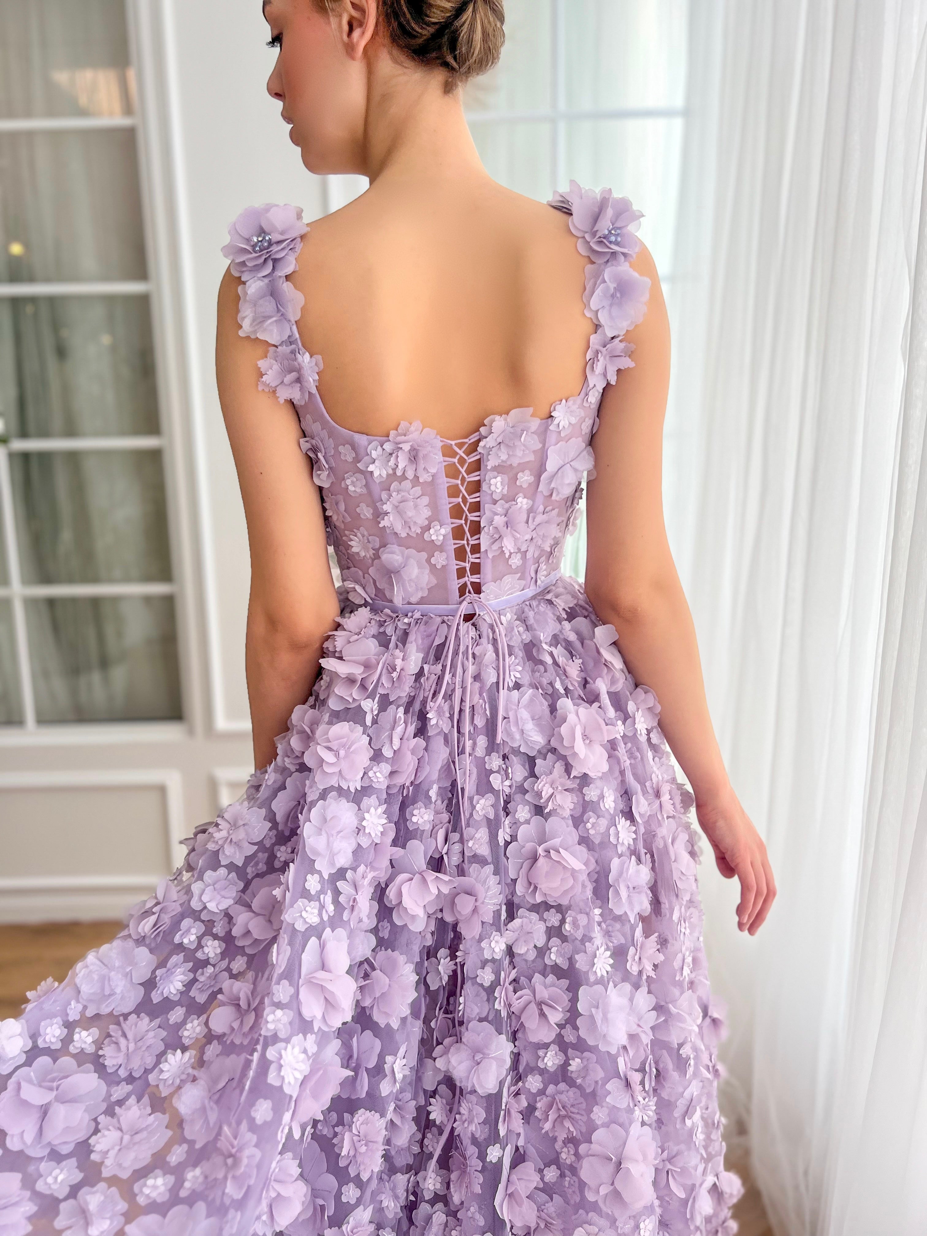 Purple A-Line dress with embroidered flowers and spaghetti straps