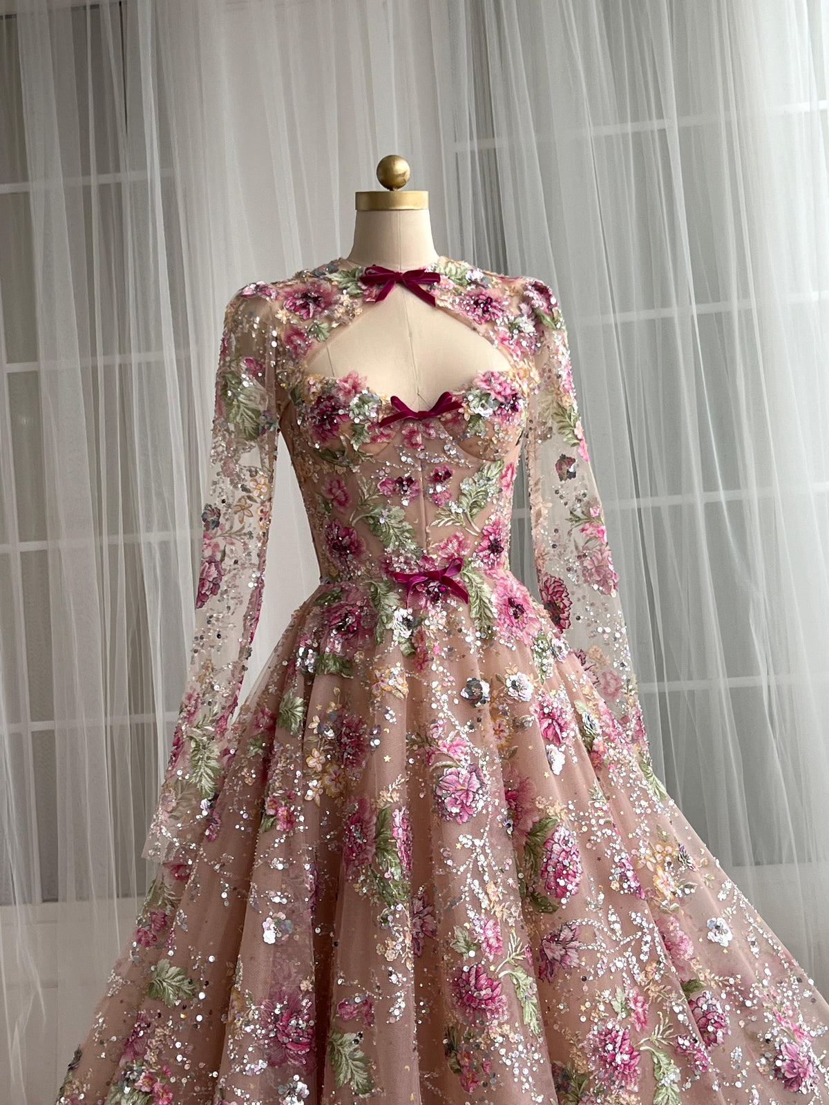Pink A-Line dress with long sleeves and embroidery
