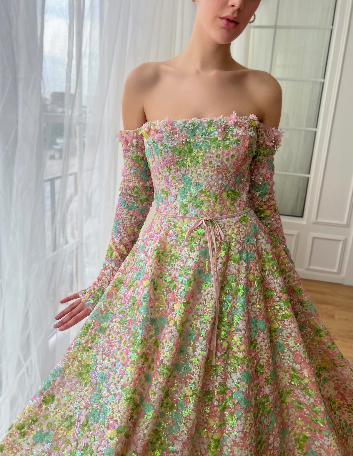 Colorful A-Line dress with long off the shoulder sleeves, embroidery and sequins