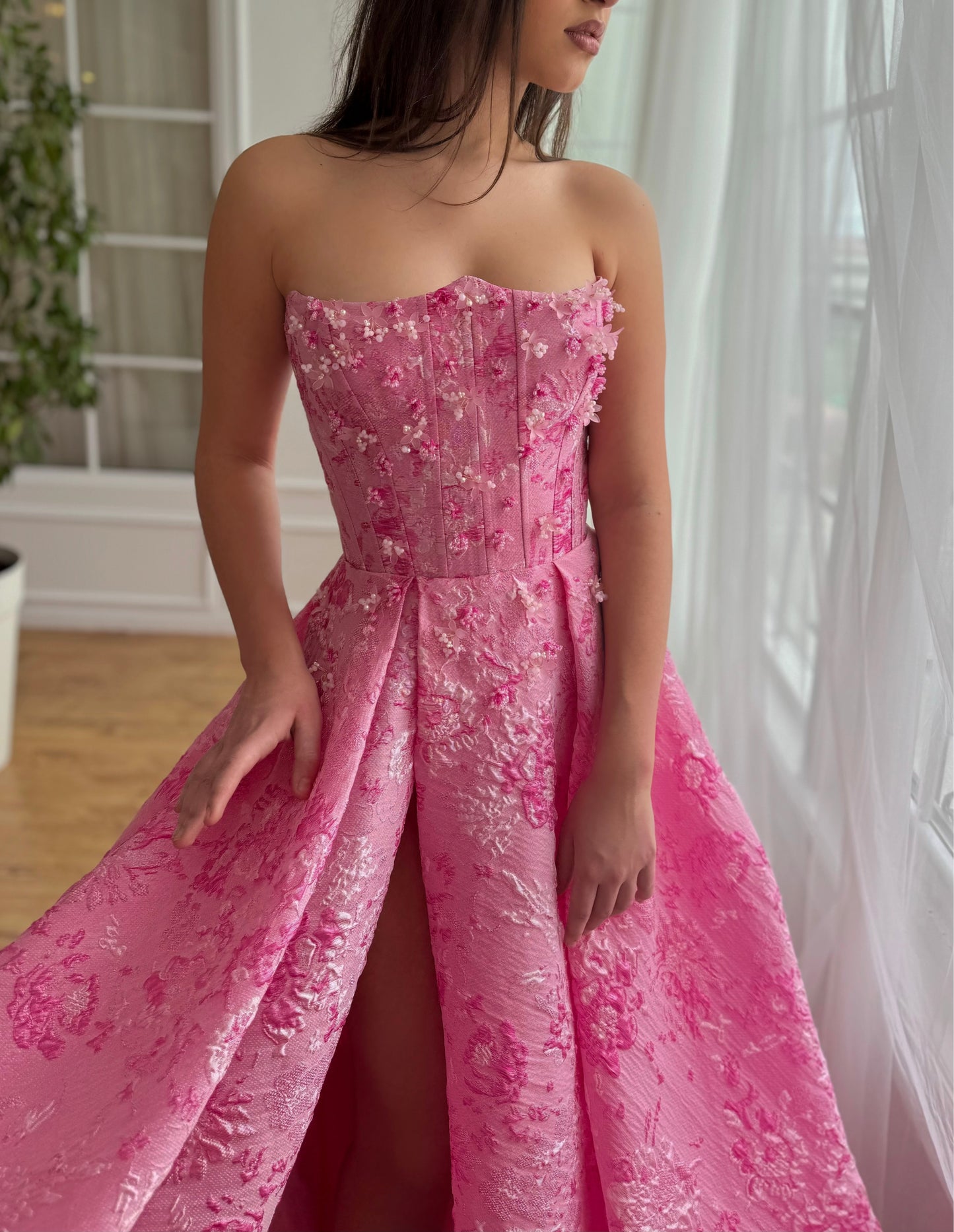 Pink A-Line dress with embroidery and short off the shoulder sleeves