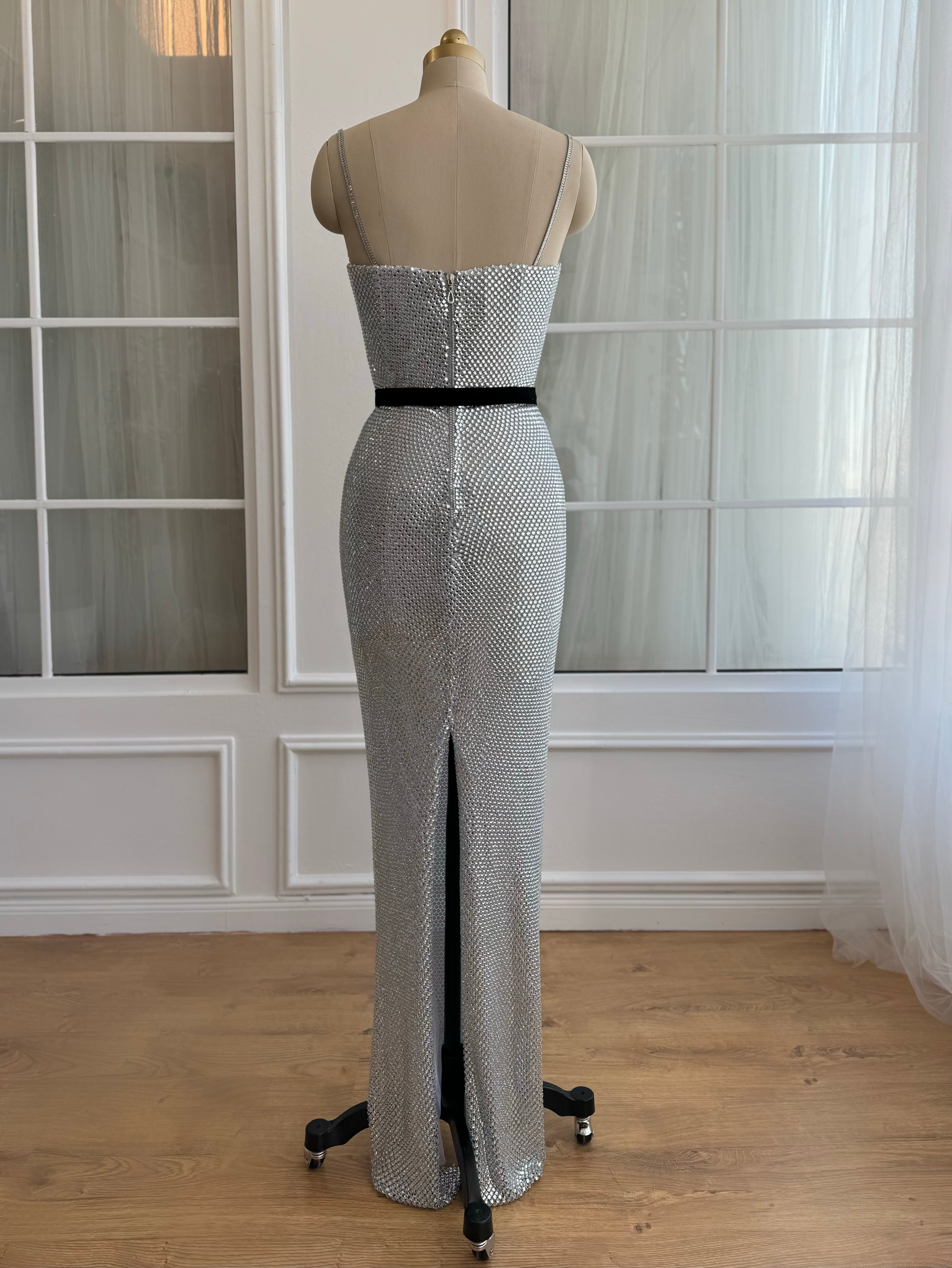 silver fishtail dress Long Sleevess Lace Appliques Illusion Fur Train Mermaid Silver Prom Dresses