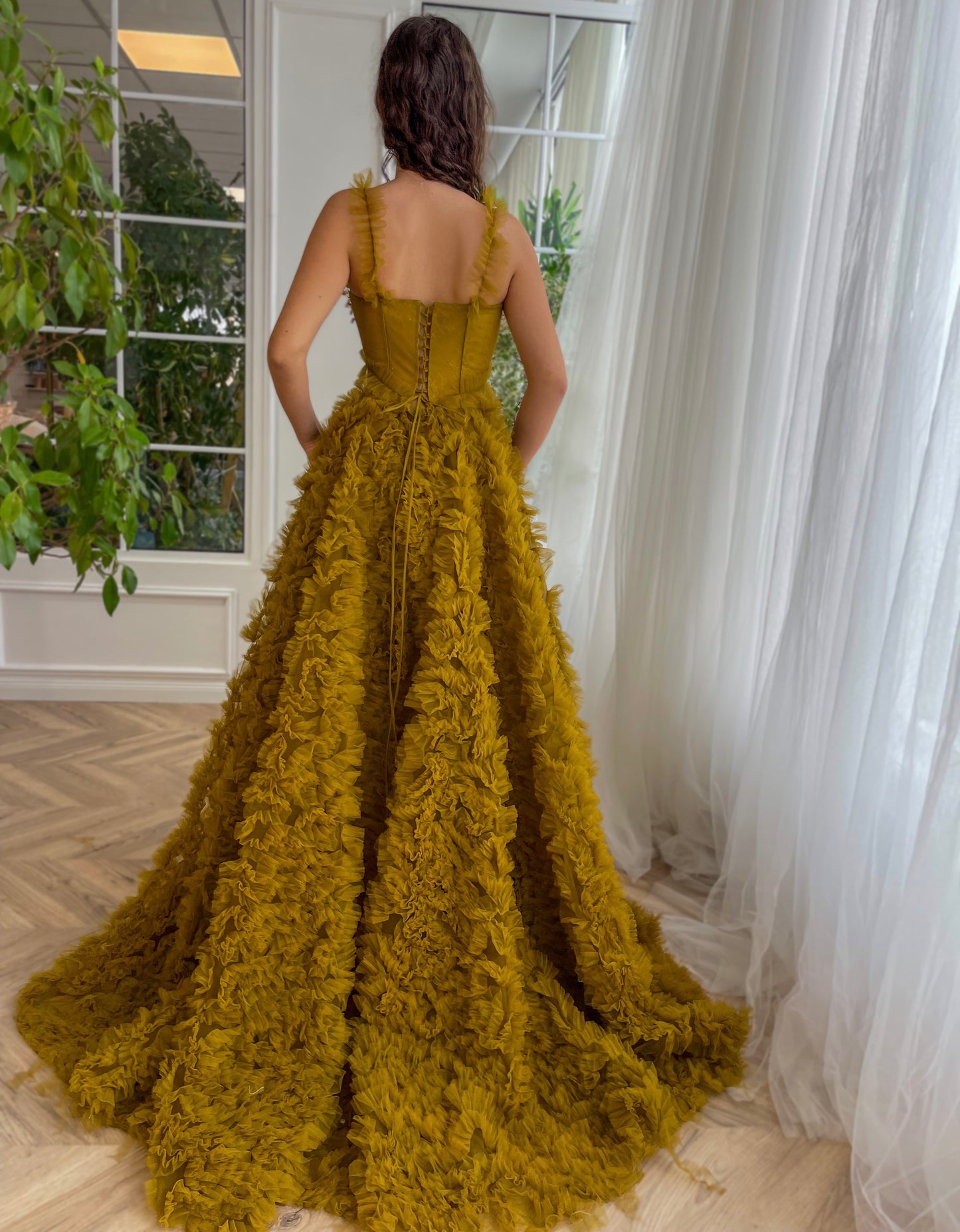 Gold A-Line dress with ruffles, embroidery and spaghetti straps