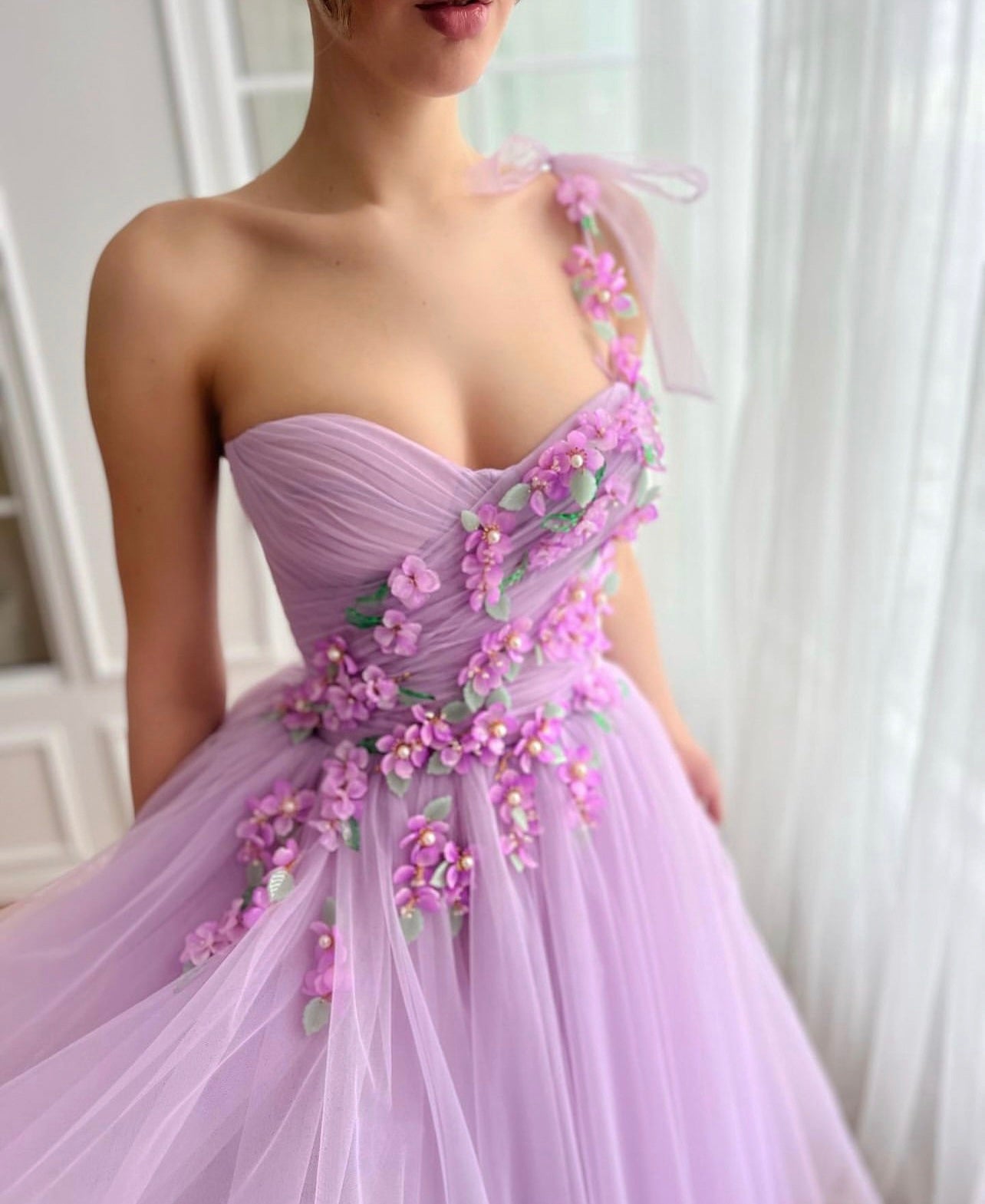 Purple midi dress with one shoulder strap and embroidered flowers