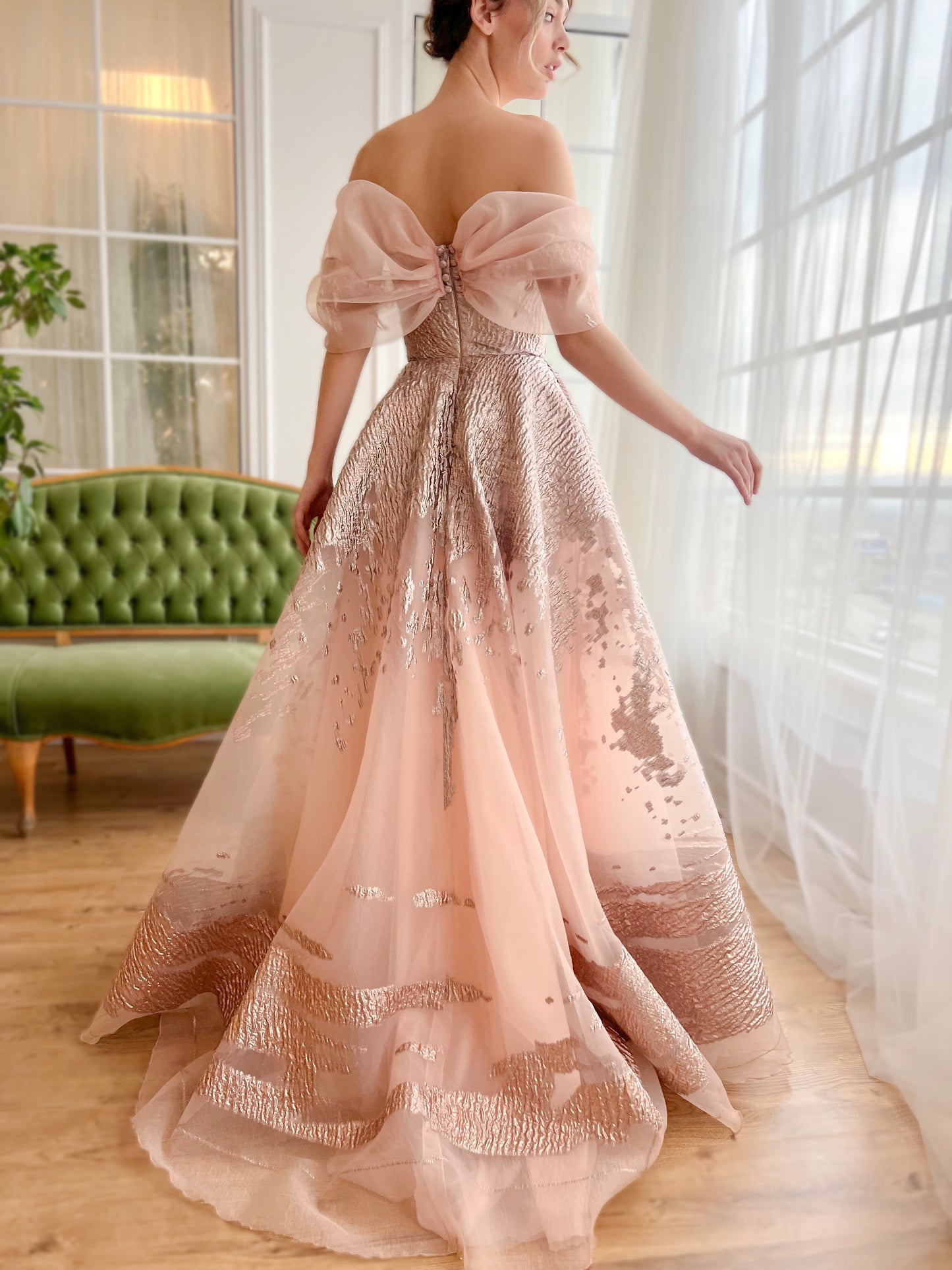 Pink A-Line dress with off the shoulder sleeves