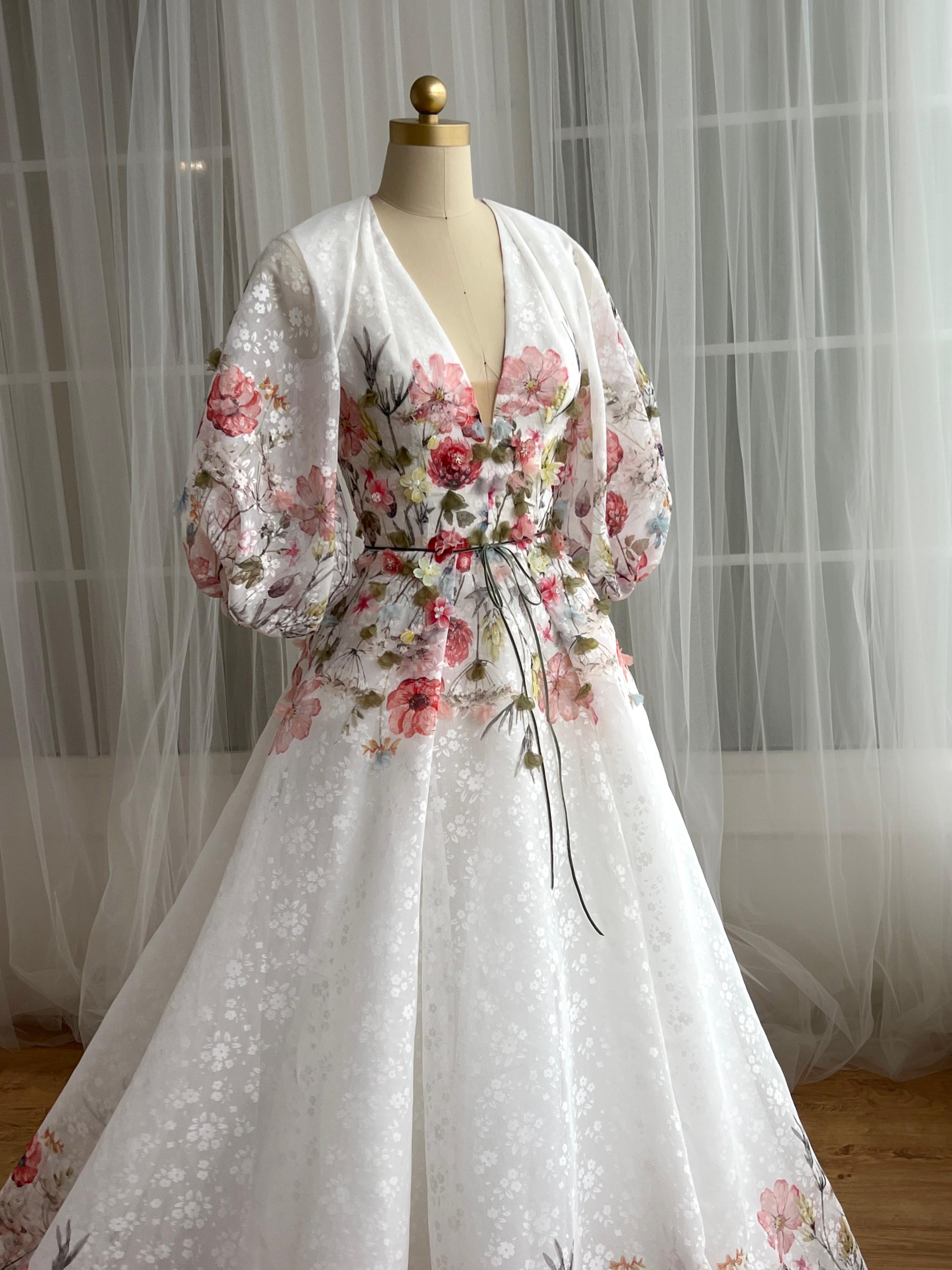 White bridal A-Line gown with long sleeves, v-neck and embroidery