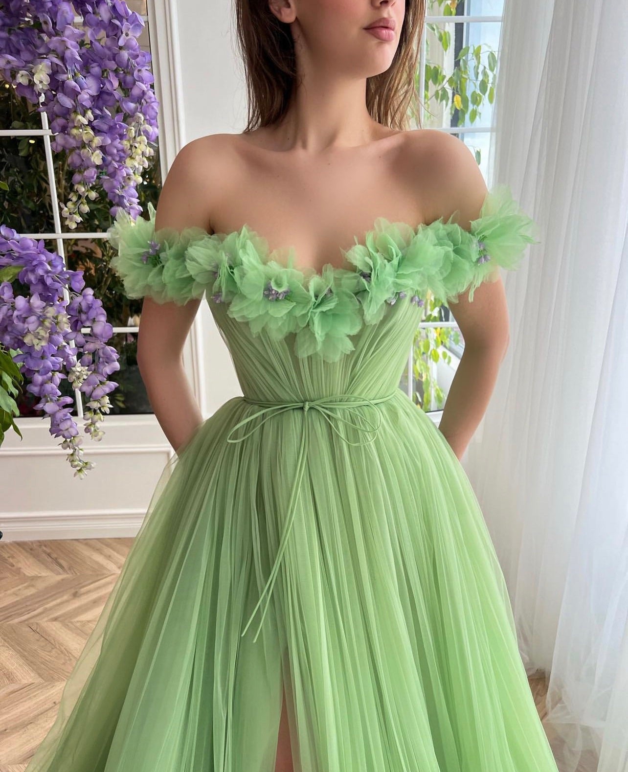 Green A-Line dress with off the shoulder sleeves and embroidery