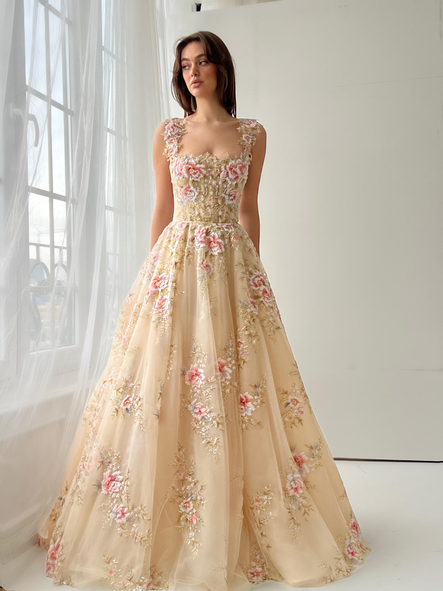 Beige A-Line dress with straps and embroidery