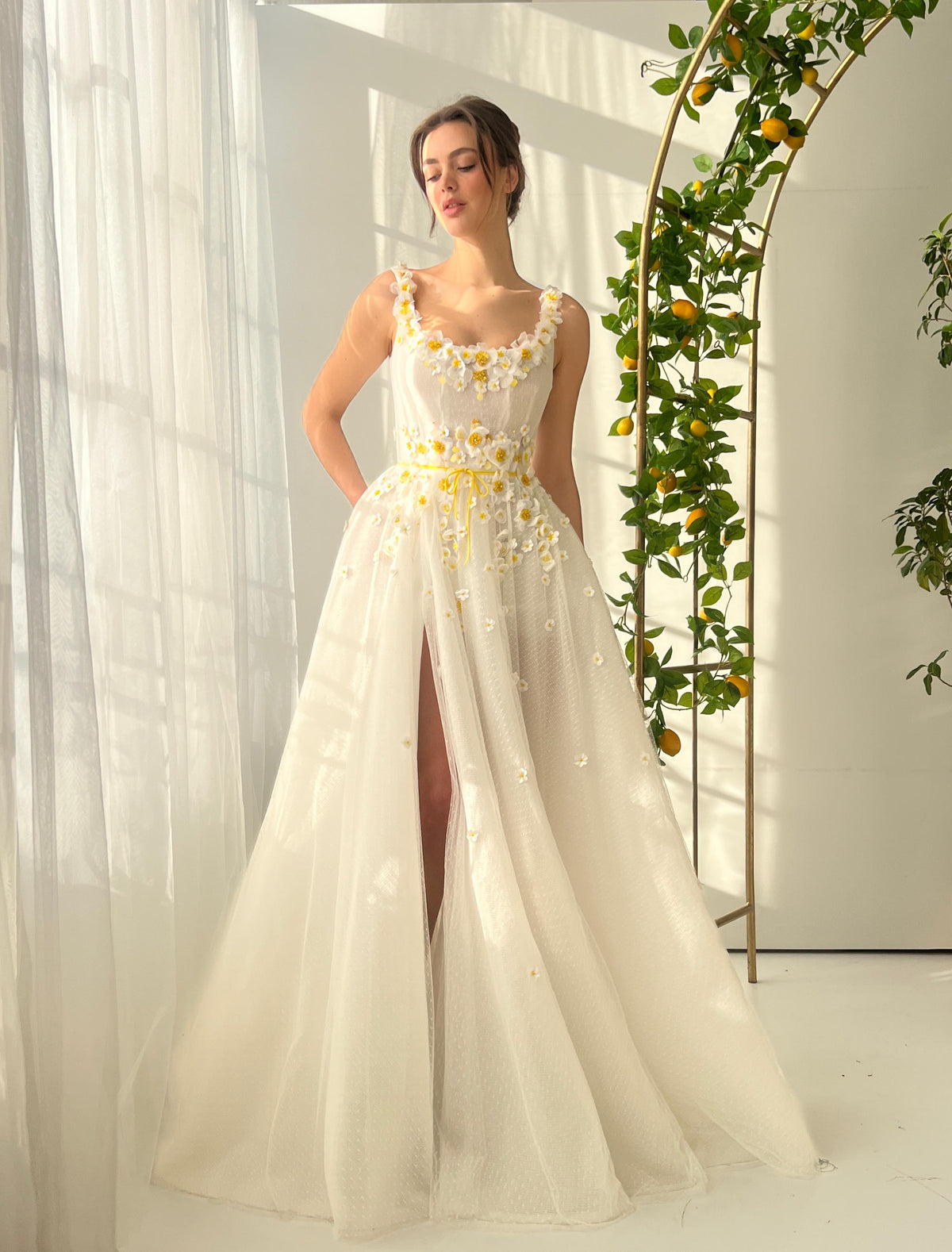 White A-Line dress with straps and embroidery