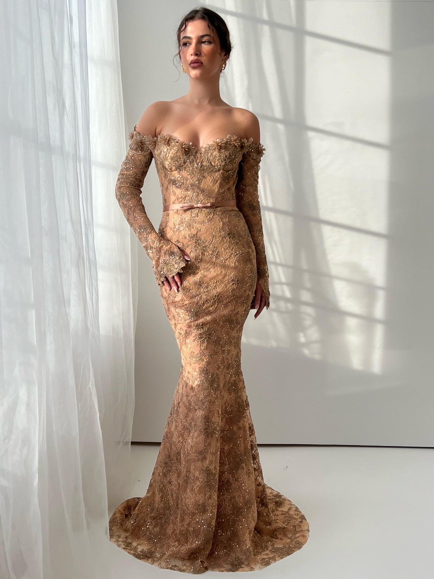 Brown mermaid dress with long off the shoulder sleeves and embroidery