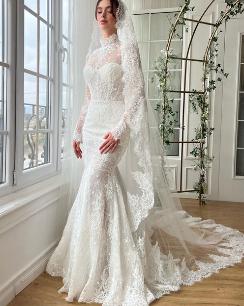 Sheer Cathedral Veil With Long Sleeve Sweetheart Wedding Dress Luxury Off-Shoulder Mermaid Wedding Dress With Sheer Cathedral Veil With Long Sleeve Sweetheart Wedding Dress Luxury Off-Shoulder Mermaid Wedding Dress With