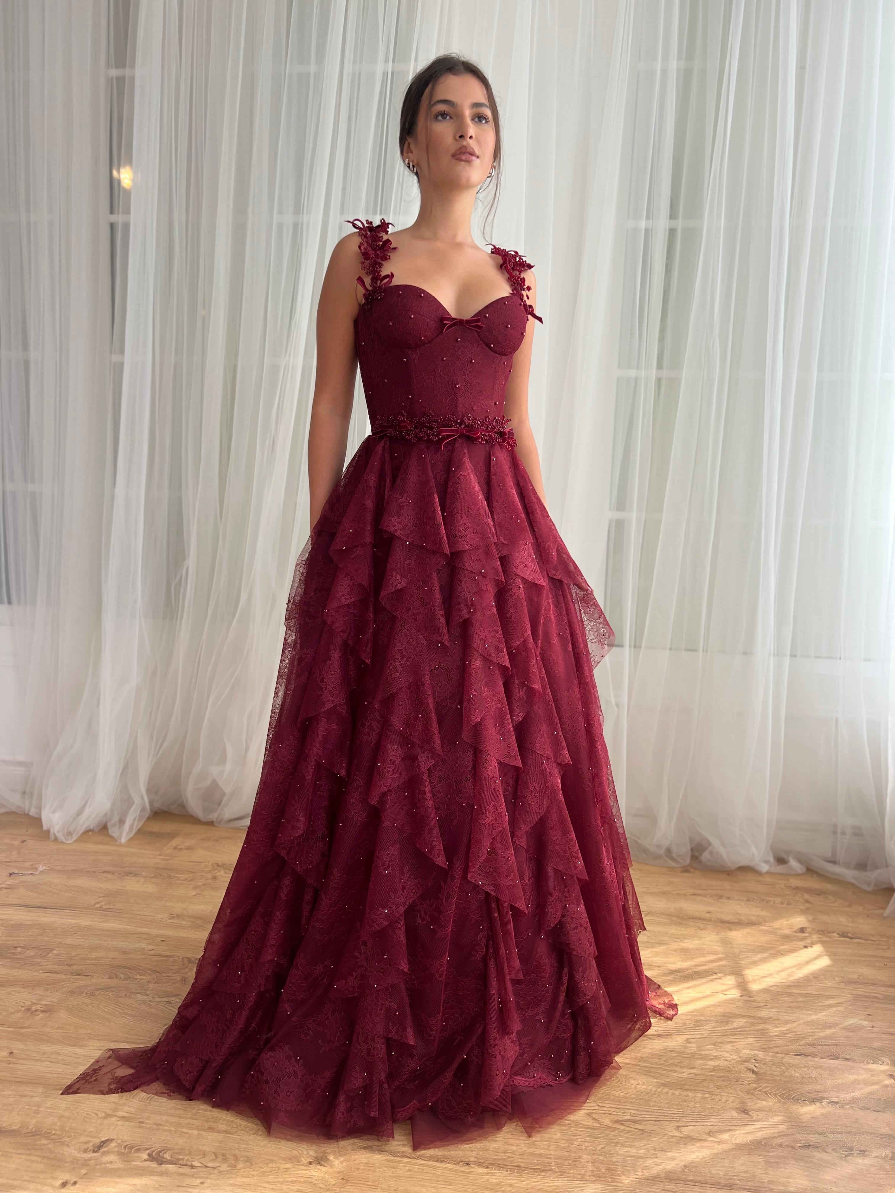 Burgundy Dantelle Ruffle Gown Teuta Matoshi Burgundy Dantelle Ruffle Gown Teuta Matoshi