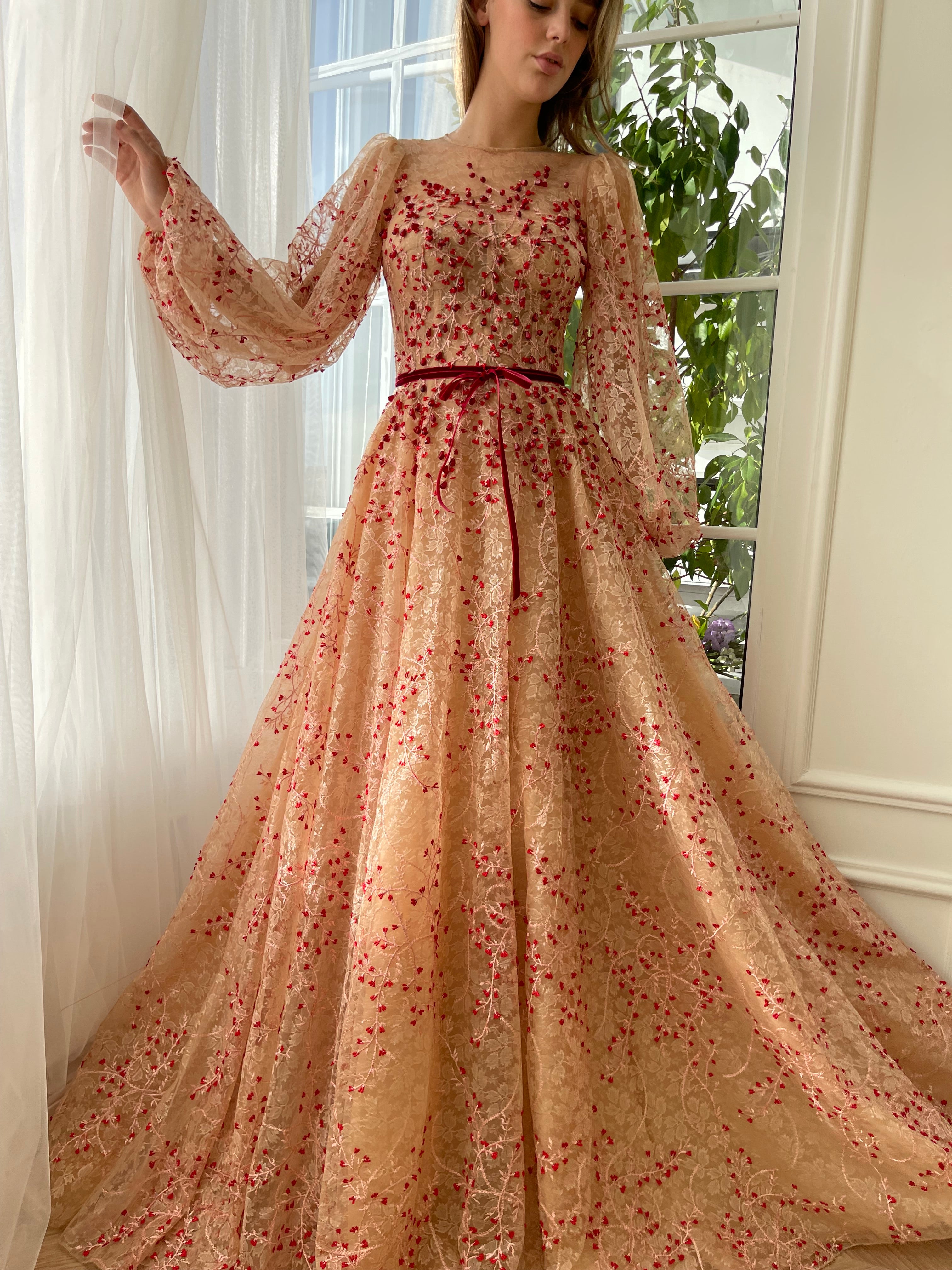 Pomegranate Embers of Lace Gown Teuta Matoshi Pomegranate Embers of Lace Gown Teuta Matoshi