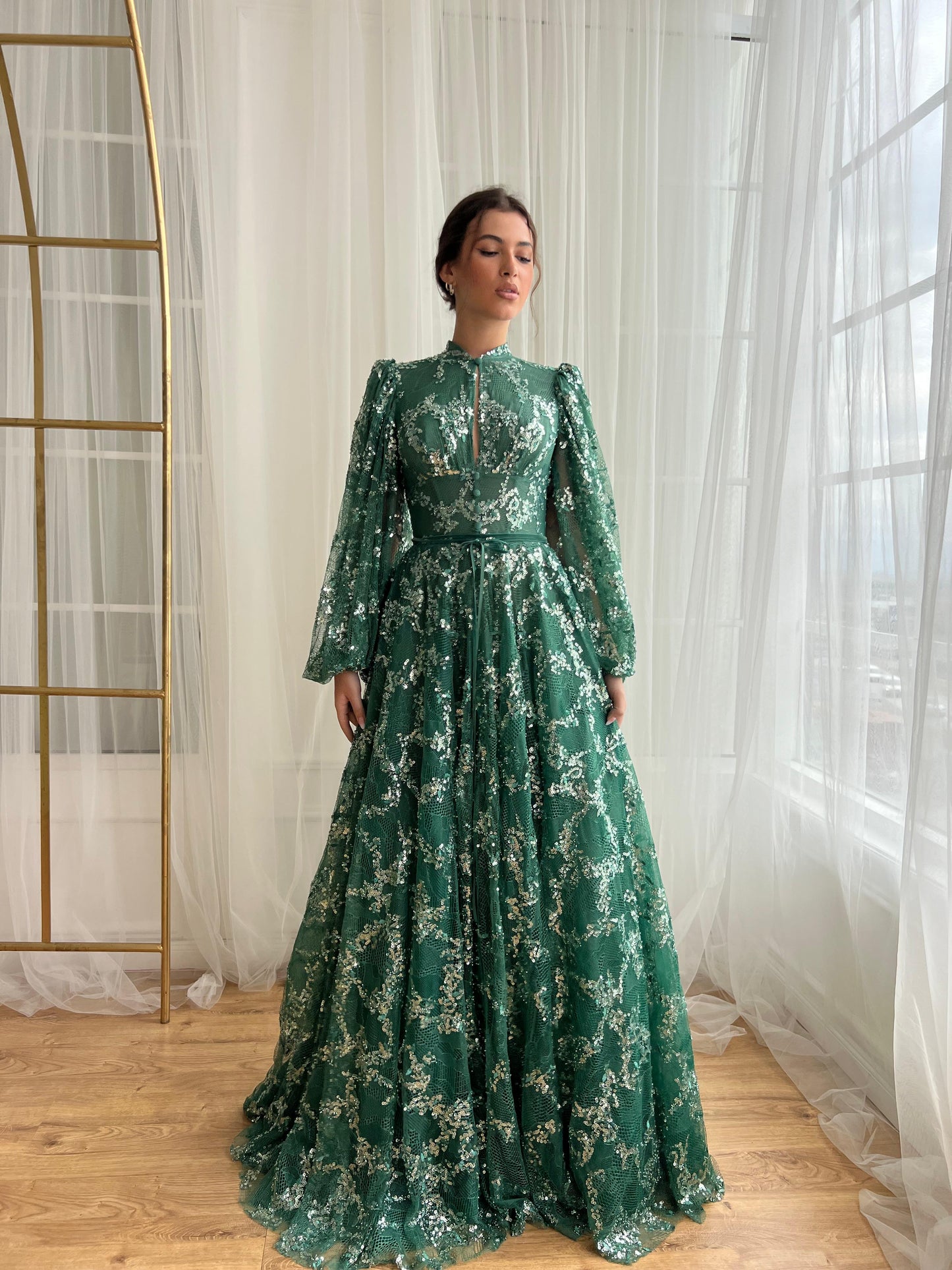 Green A-Line dress with long sleeves, sequins and embroidery