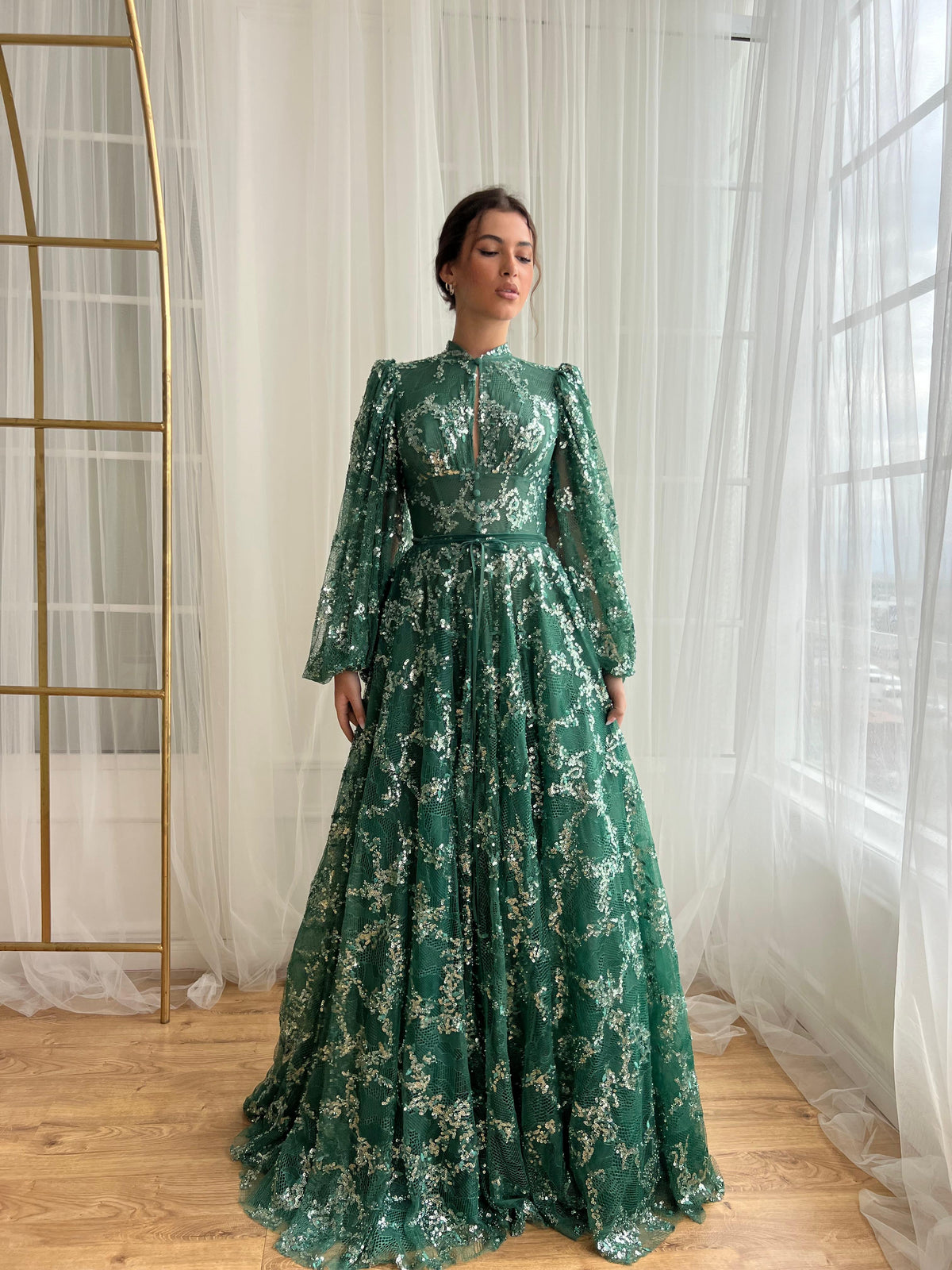 Green A-Line dress with long sleeves, sequins and embroidery