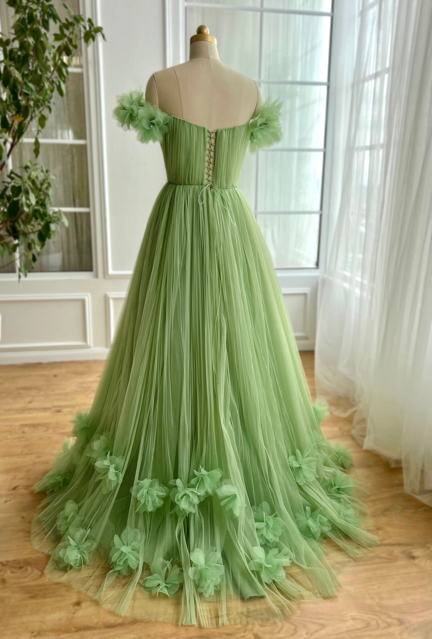 Green A-Line dress with off the shoulder sleeves and embroidery