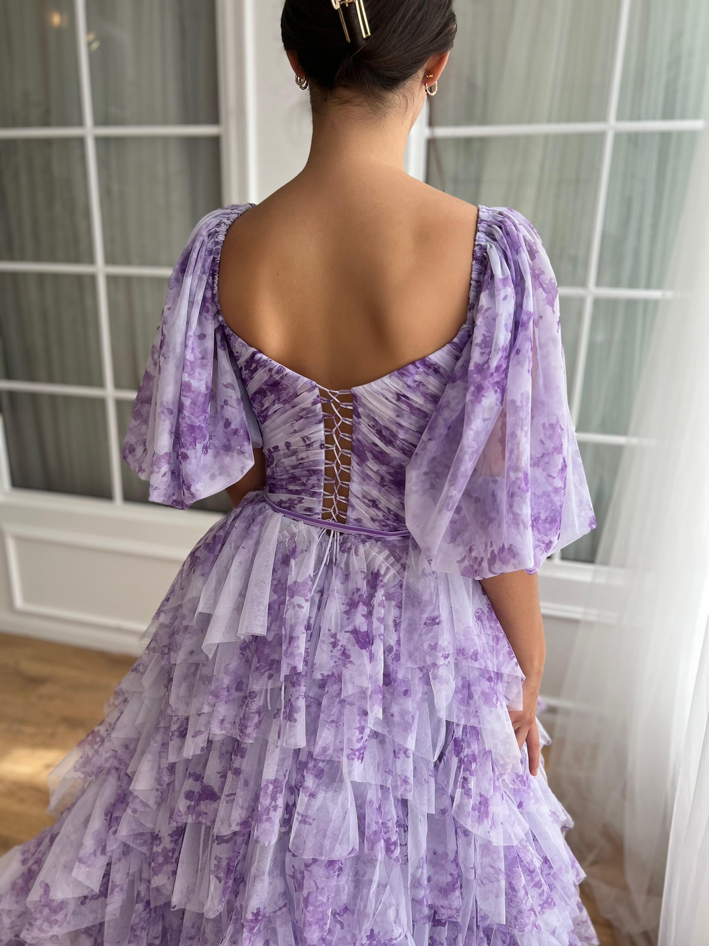 Purple A-Line dress with short sleeves, ruffled skirt and printed floral tulle