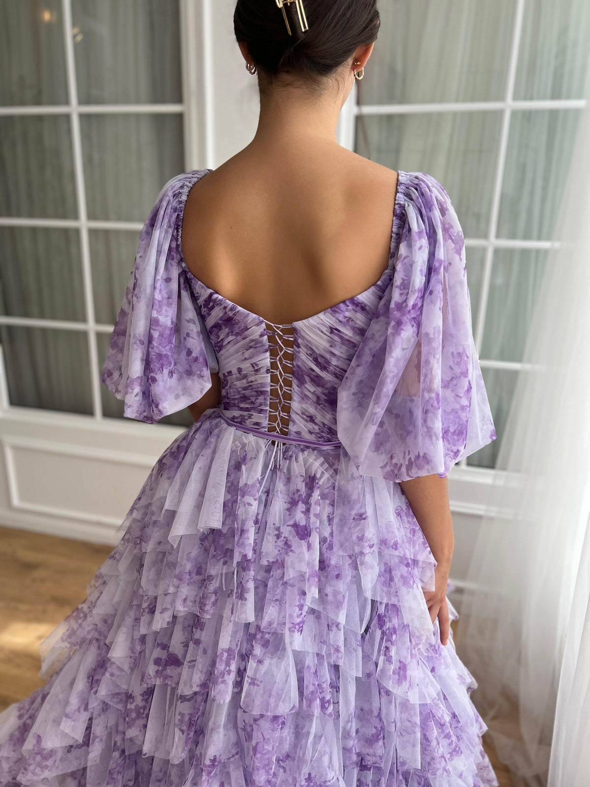Purple A-Line dress with short sleeves, ruffled skirt and printed floral tulle